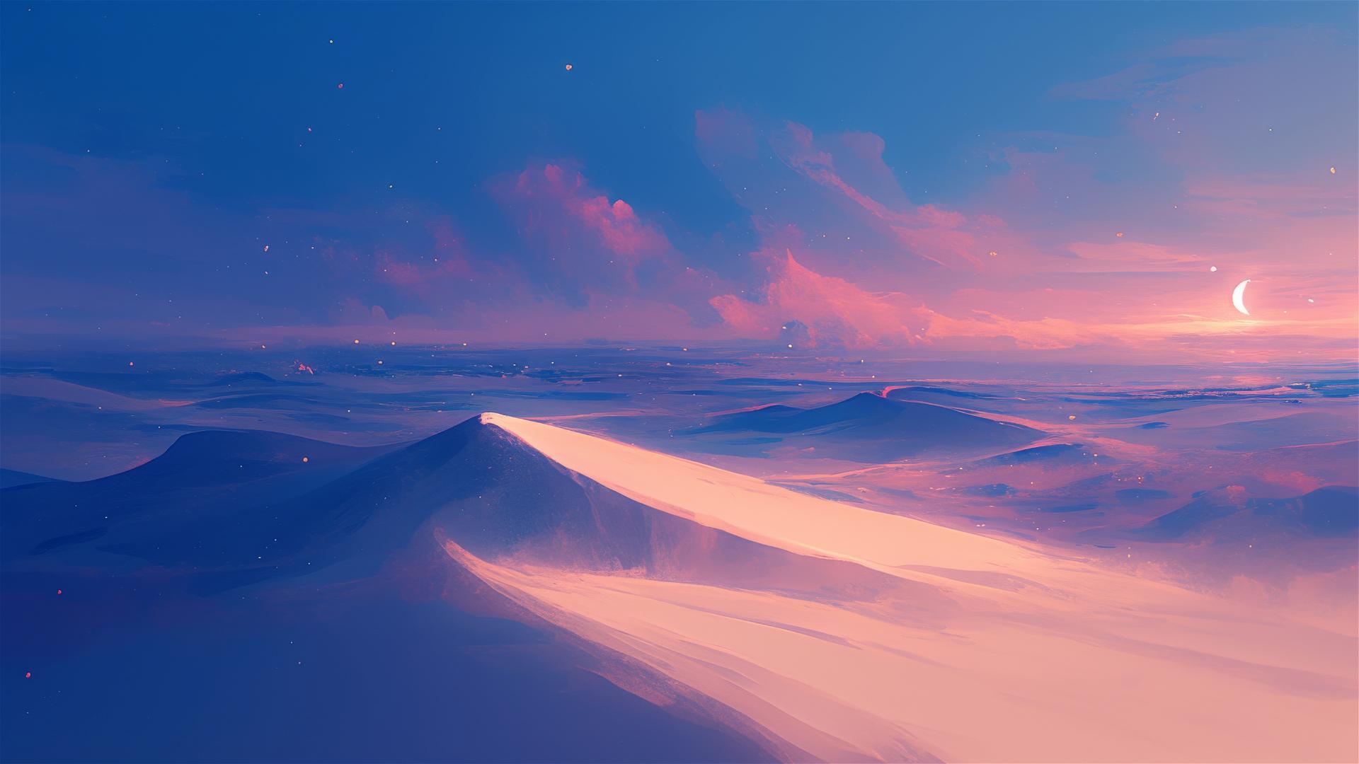 Tranquil moonlit desert with smooth dunes and soft shadows under a pastel sky