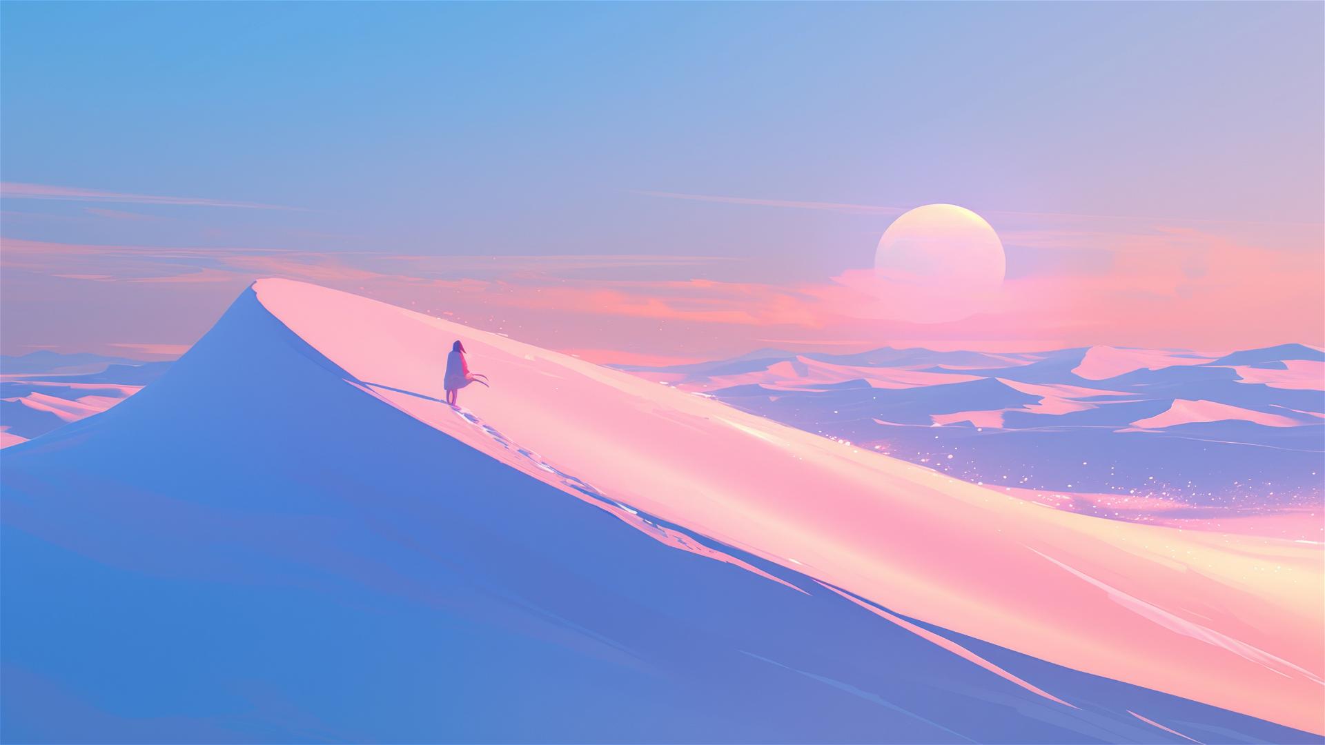 Dreamy moonlit desert with dunes and pastel sky