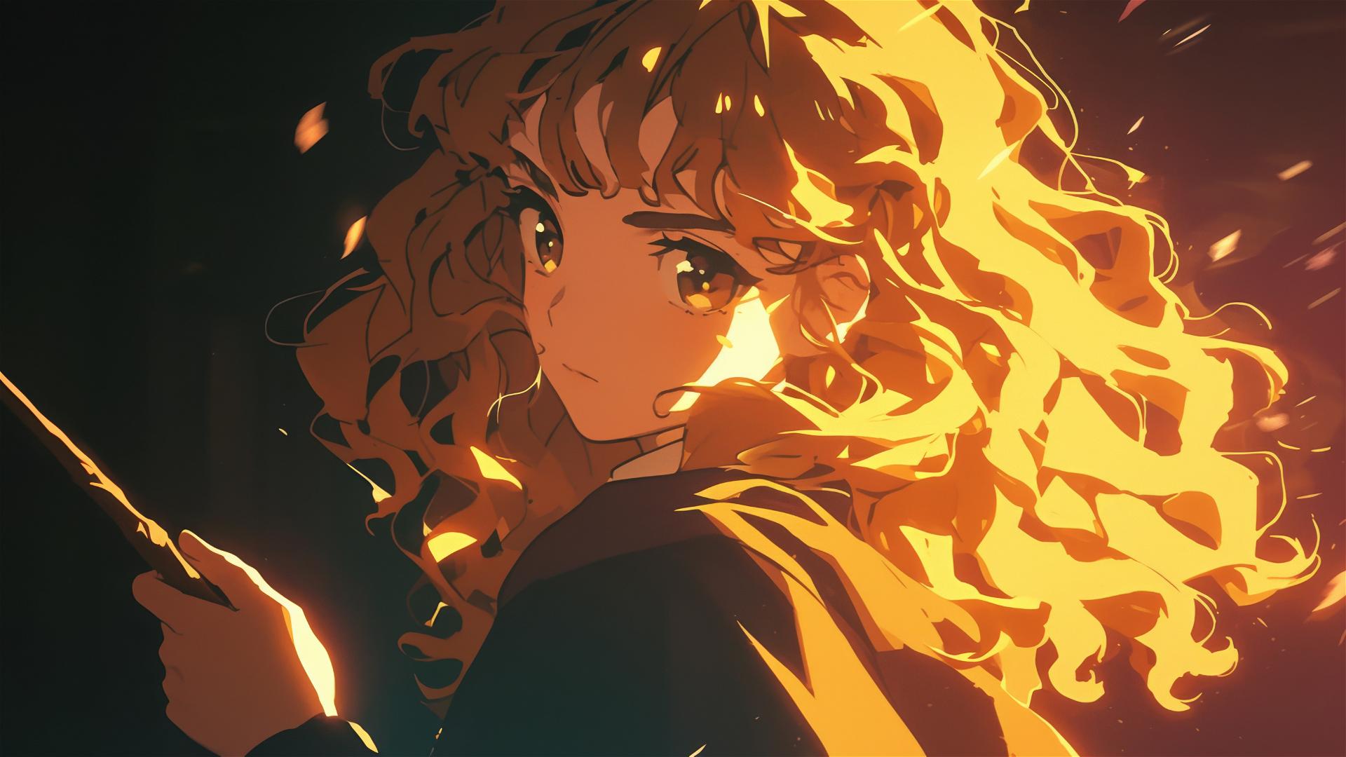 Artistic drawing of Hermione Granger with dark background and spotlight