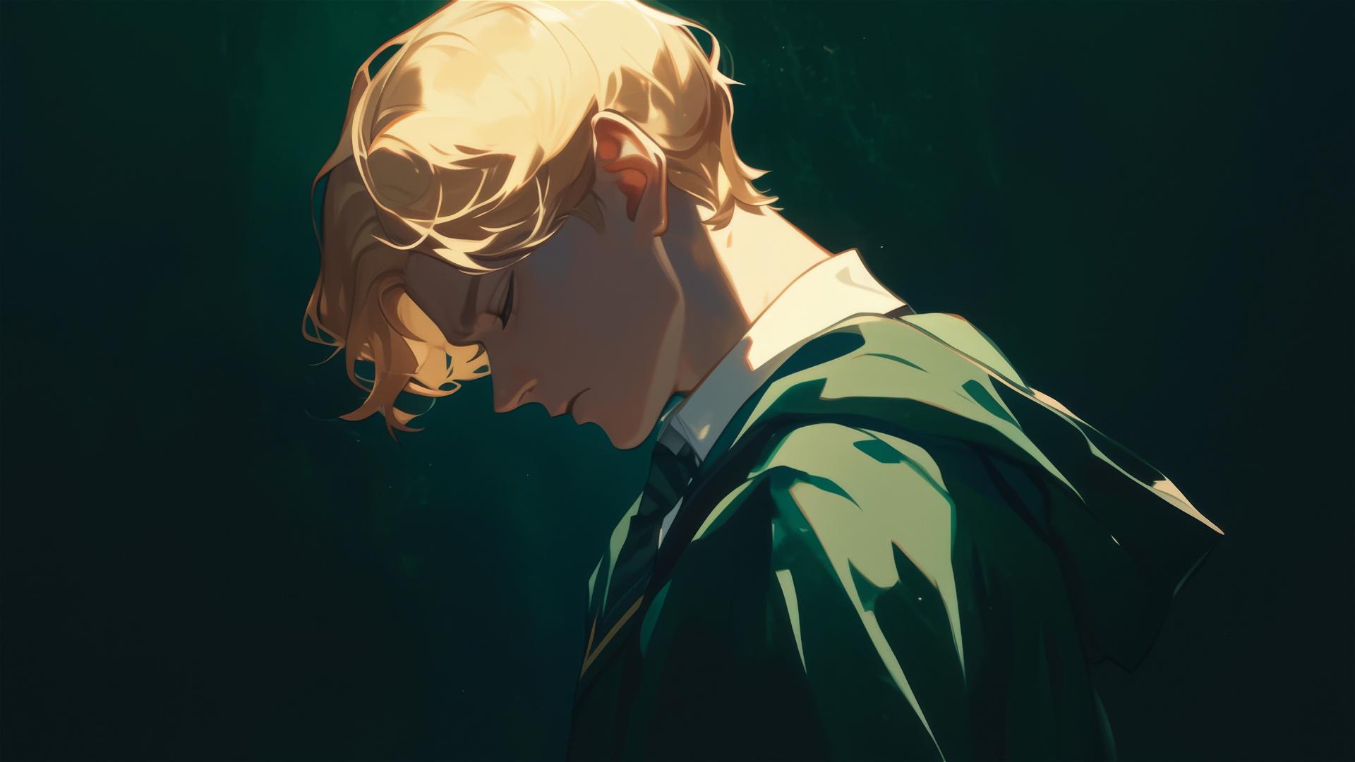 Artistic drawing of Draco Malfoy with golden hair on dark background.