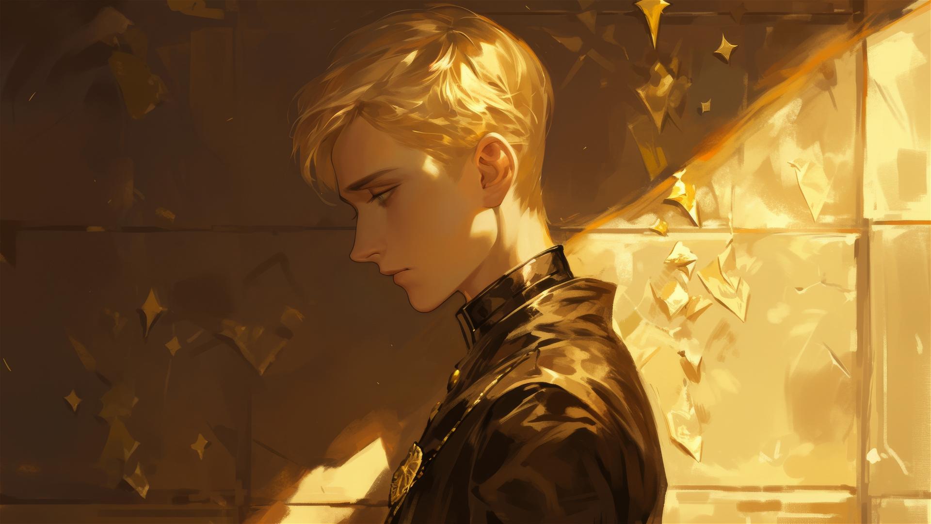 Artistic illustration of Draco Malfoy with golden hair on a dark background