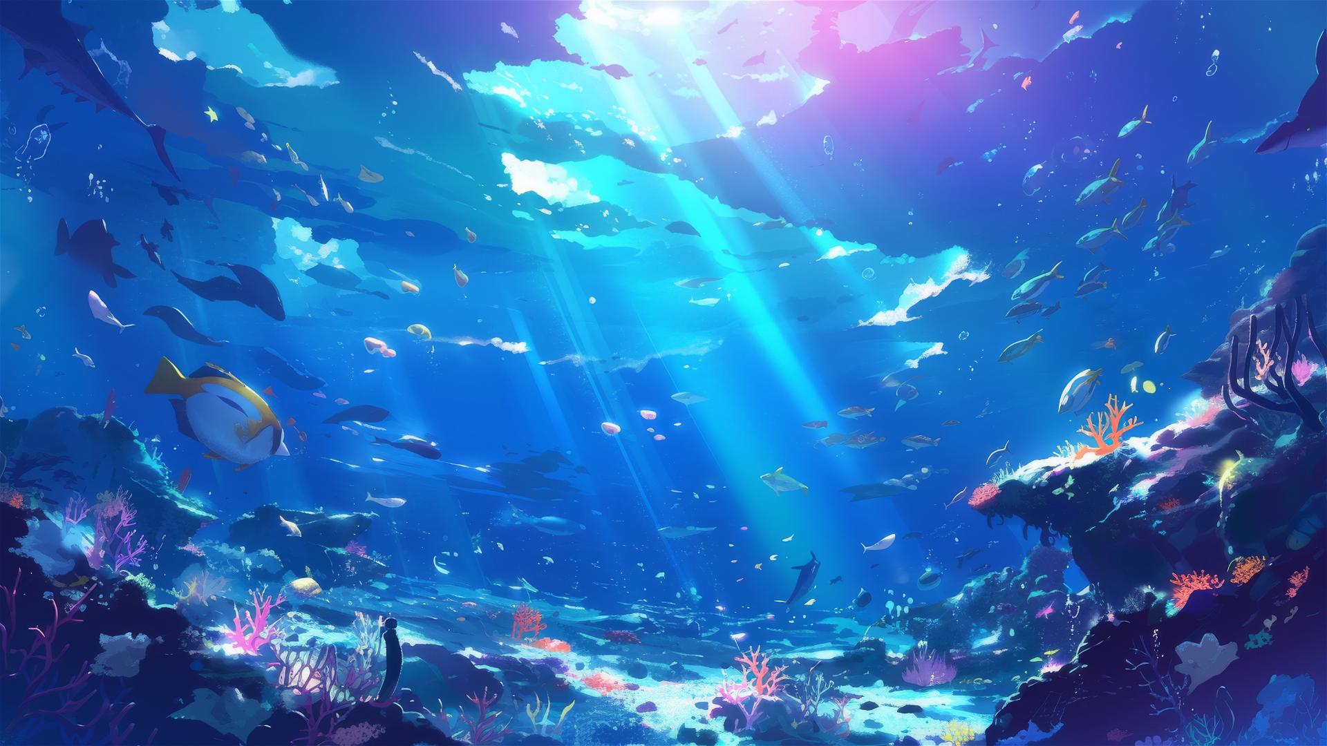 Moonlight illuminating a coral reef with marine life and light rays underwater
