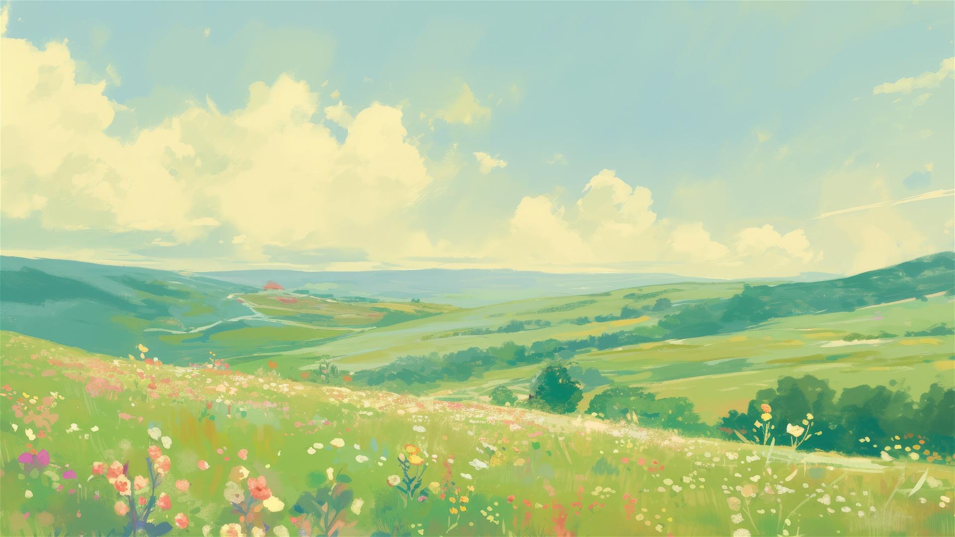 Gentle hills with wildflowers under a soft sky