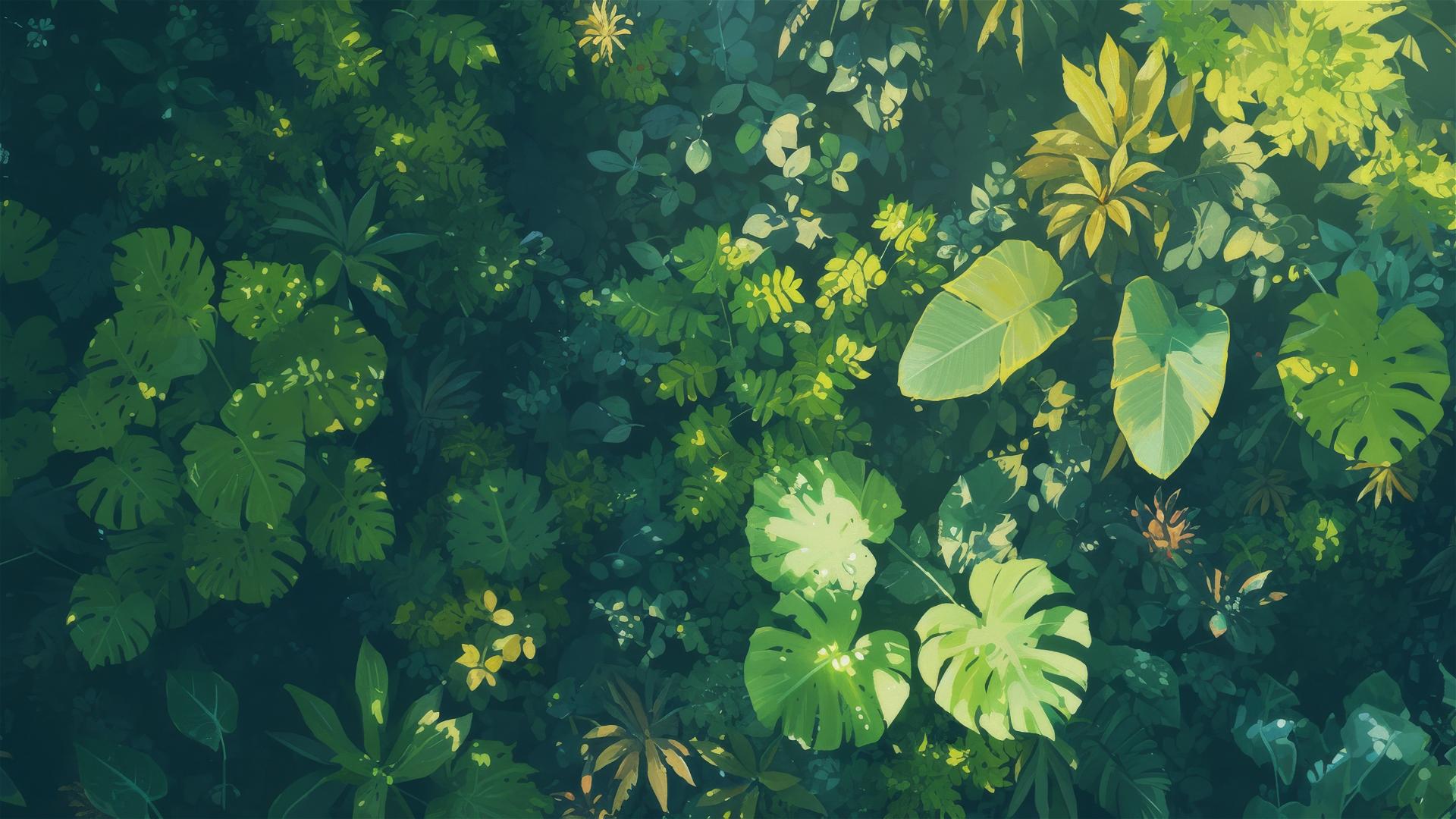 Aerial view of rainforest canopy with sunbeams piercing through dense foliage