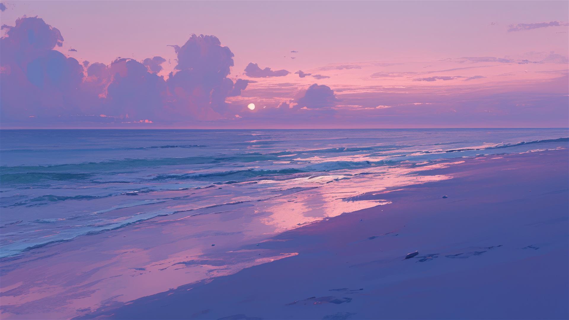 Serene beach with pink-purple twilight sky and moonlit sea