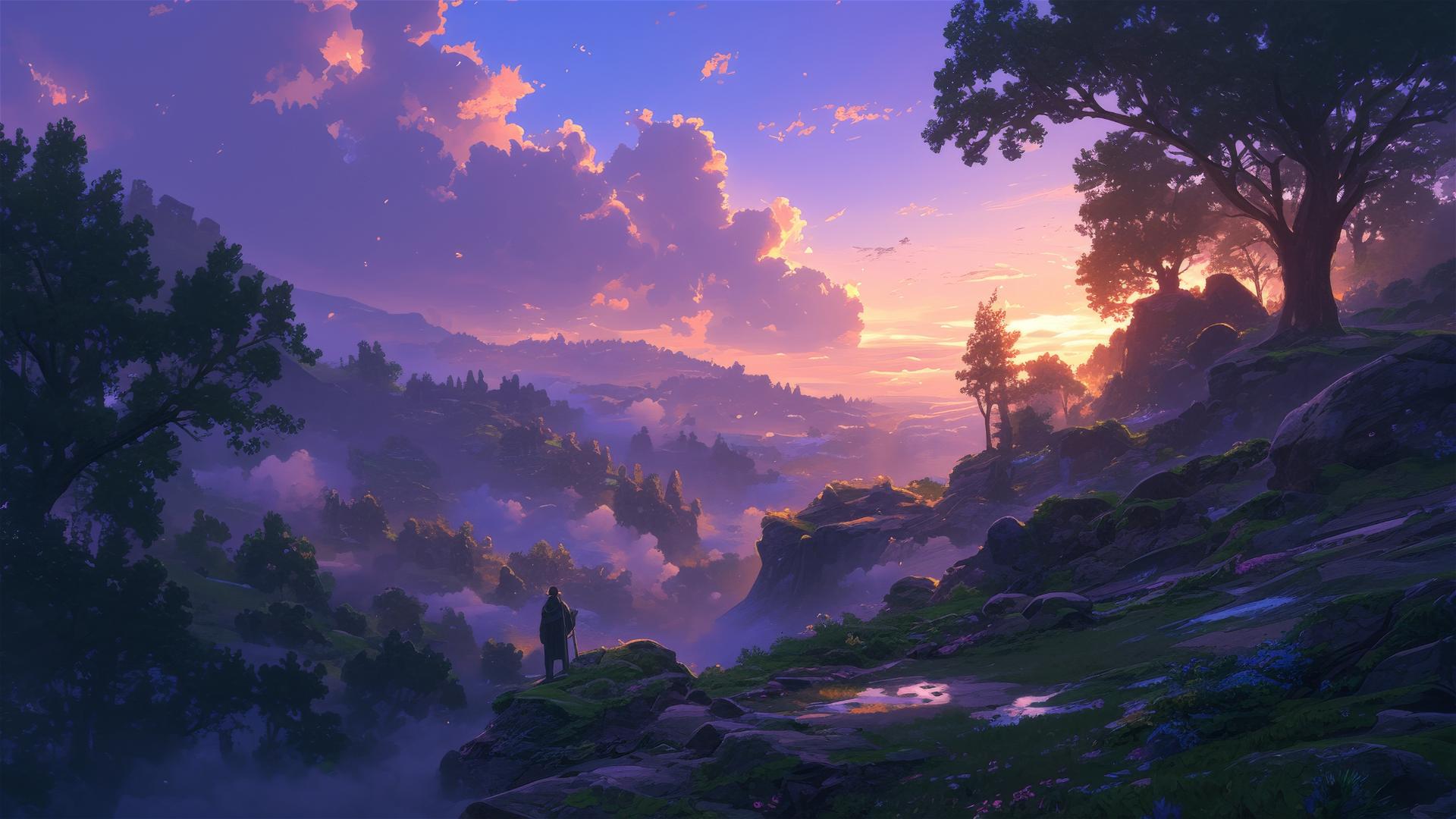 Mystical valley with whispering trees and glowing leaf edges under twilight