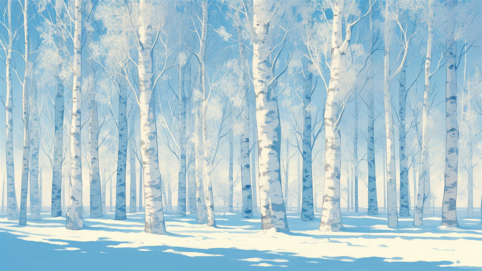 Frosty birch trees at dawn against winter blue sky