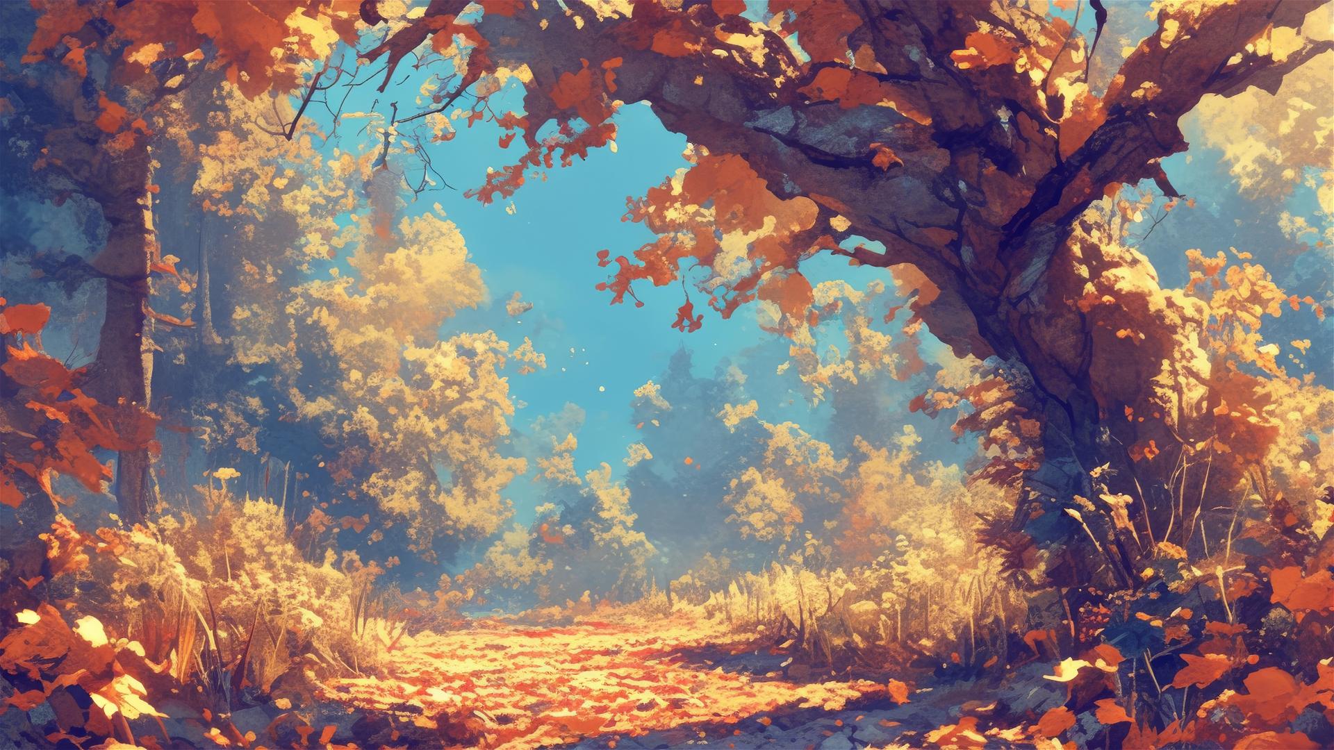 Secluded forest path with autumn leaves and clear sky