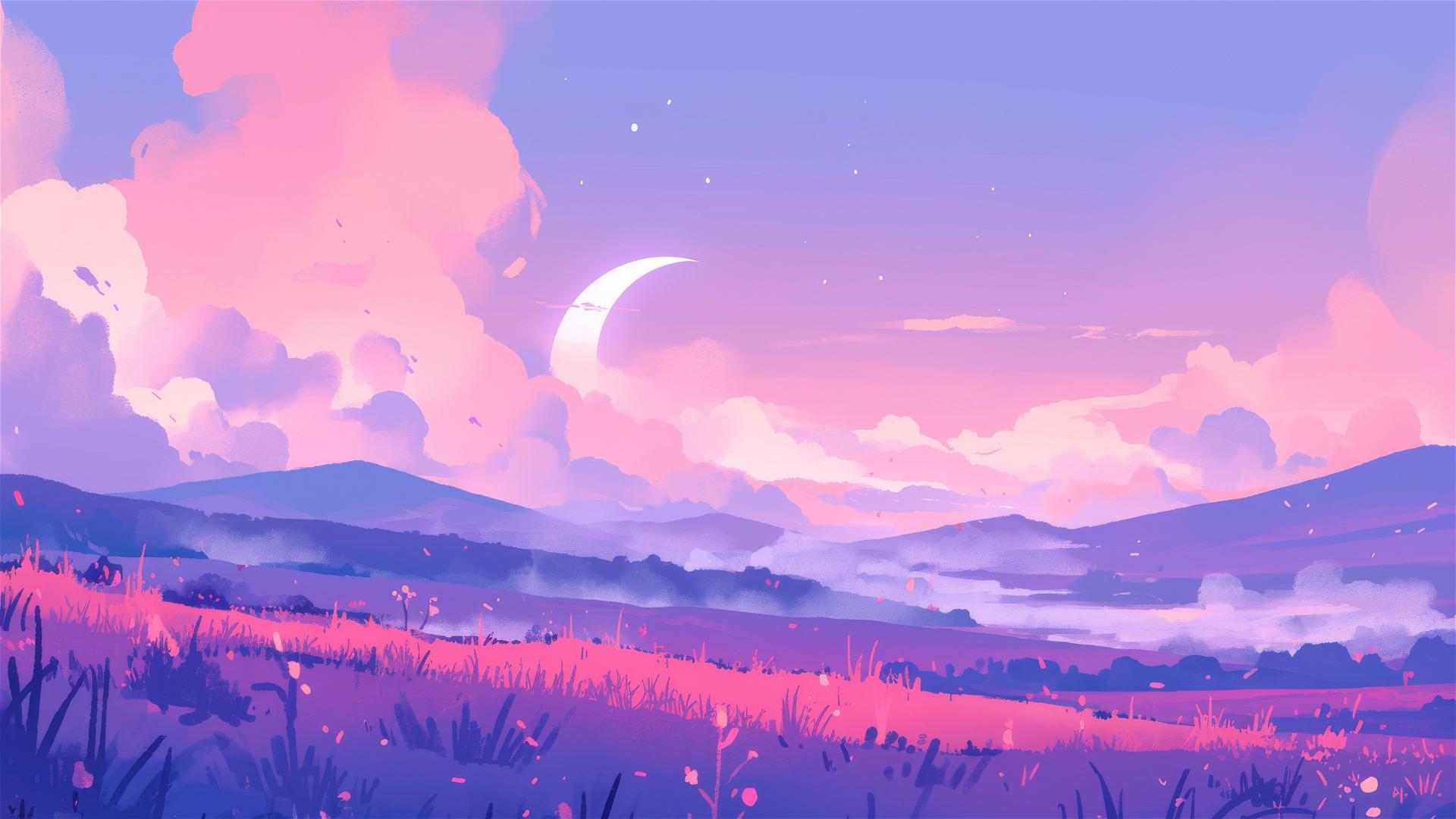 Surreal misty hills under a twilight sky with lavender and pink hues