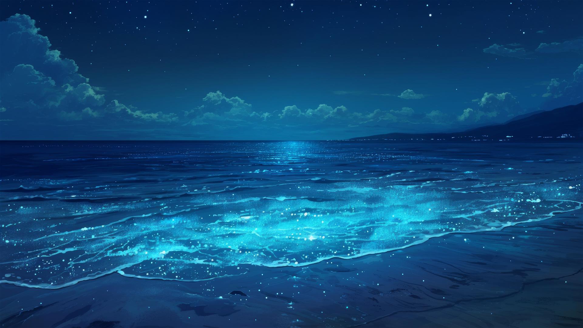 Phosphorescent blue waves at night on serene beach