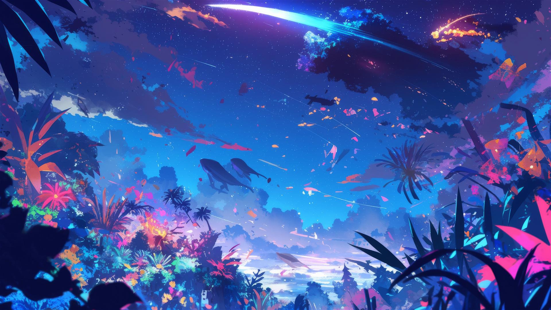 Celestial garden with shooting stars and glowing flora
