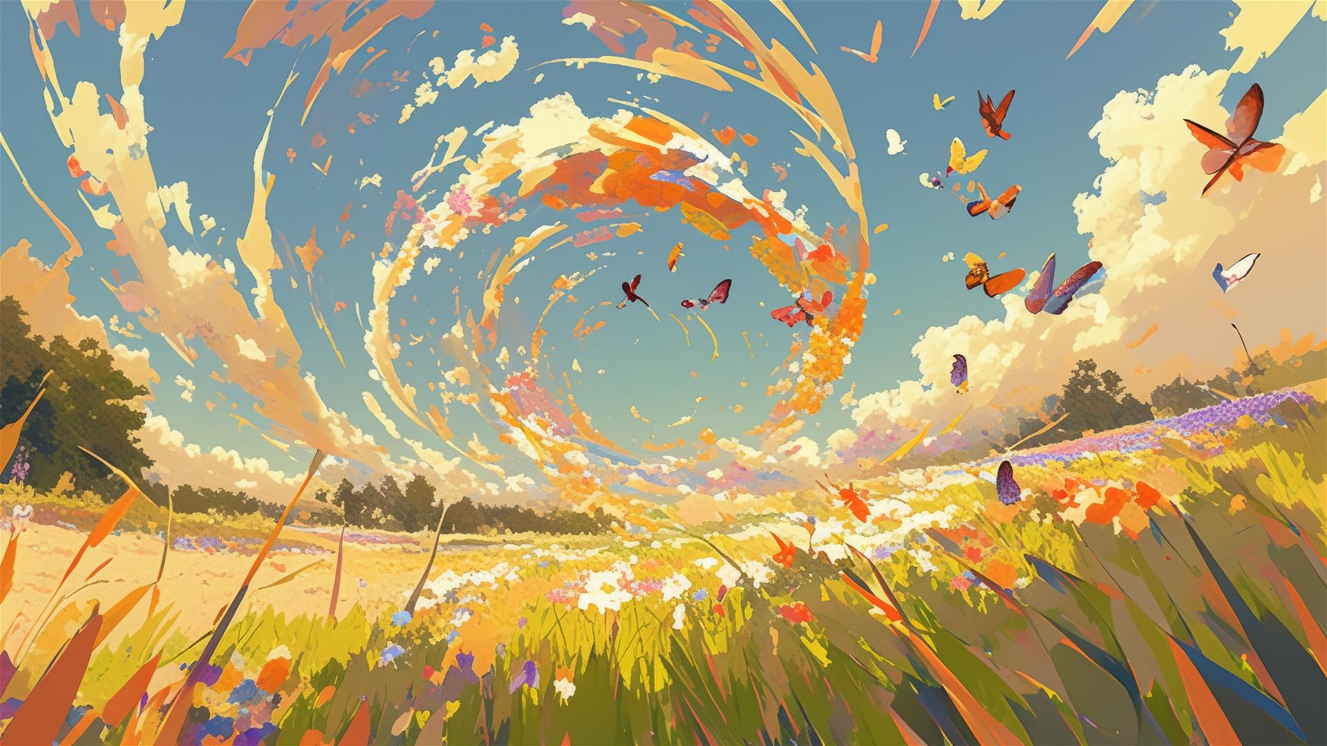 Colorful butterfly whirlwind in a blooming wildflower meadow