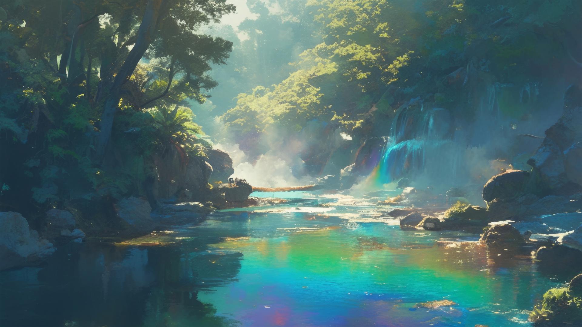 Rainbow mist rising from spring with hot water meeting cold air