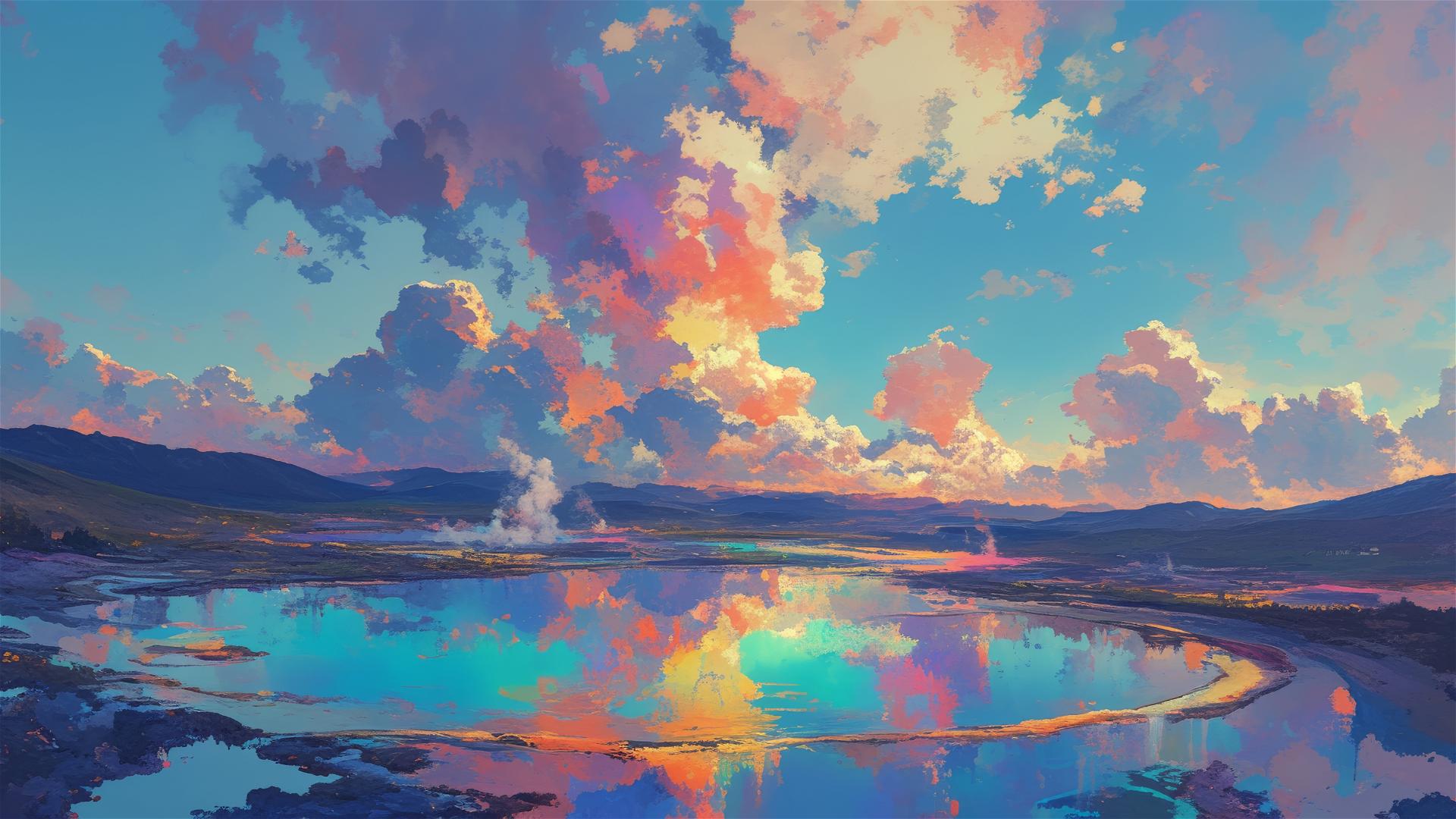 Enchanted geyser with multi-colored steam in the sky