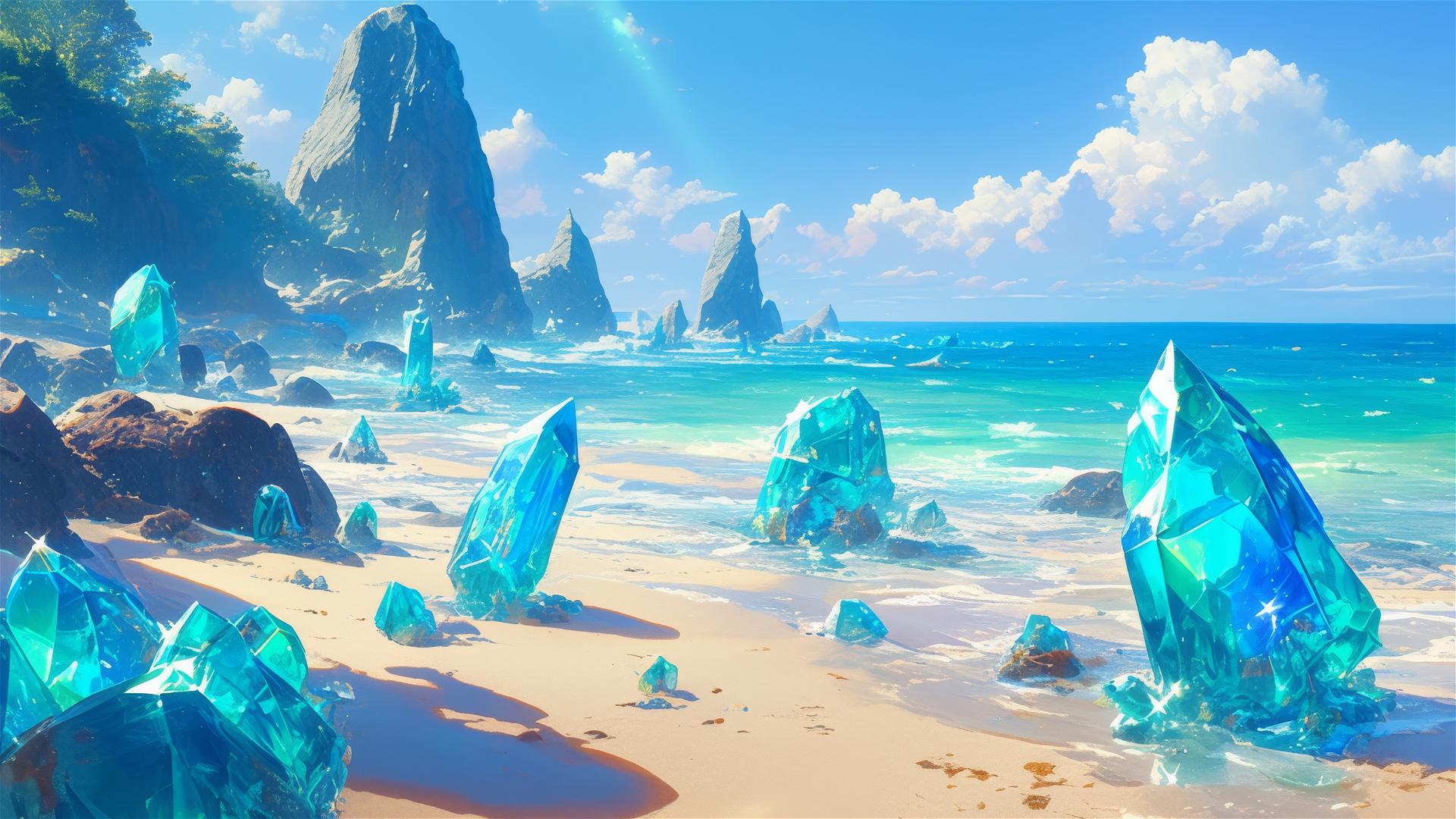 Aesthetic quartz crystal beach sparkling under sunlight