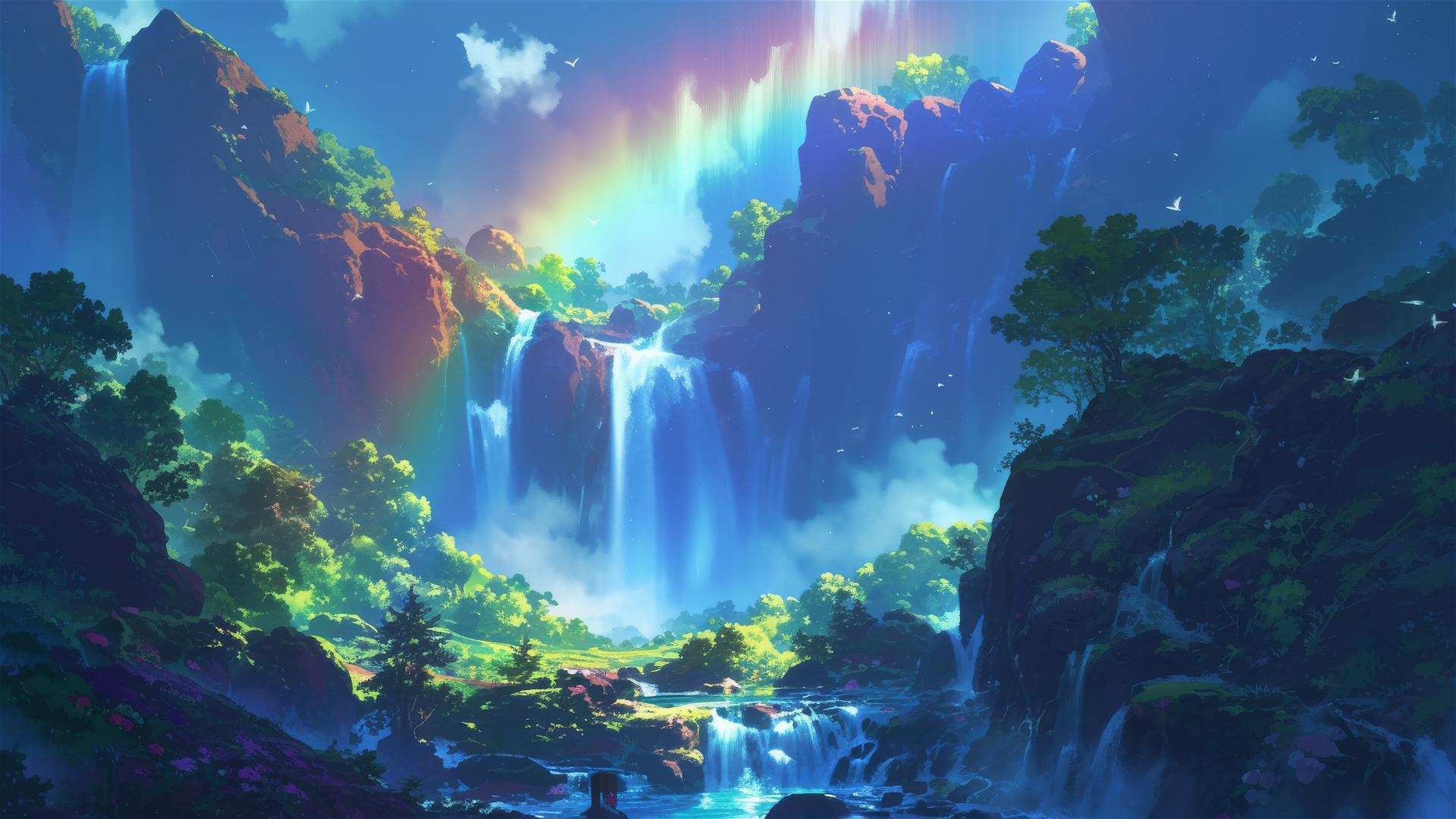 Aesthetic moonbow over waterfall at night