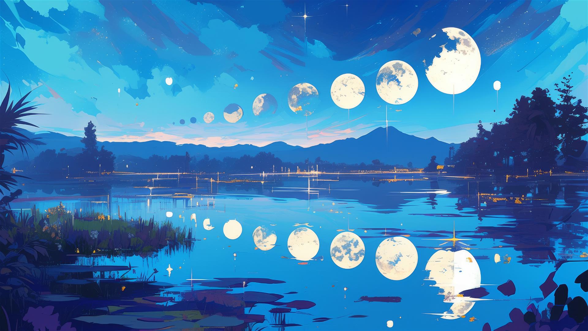 Lunar reflection in a serene pond with crystal-clear moon phases