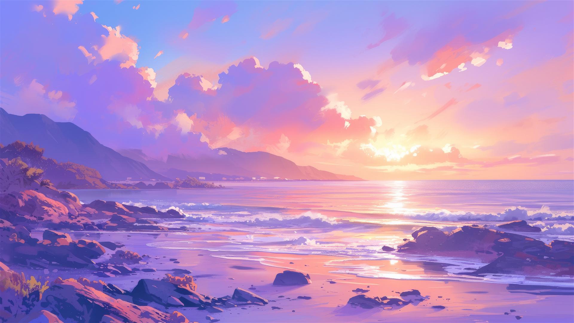 Twilight coral bay with sun setting in purple and pink hues