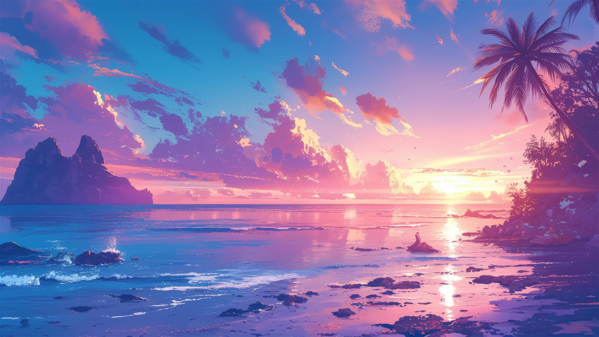 Twilight coral bay with sun casting purple and pink hues