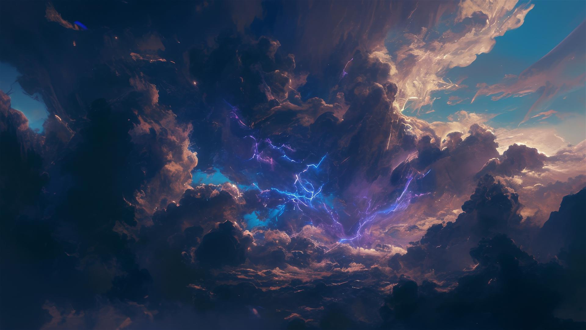 Thundercloud peaks with lightning underbellies