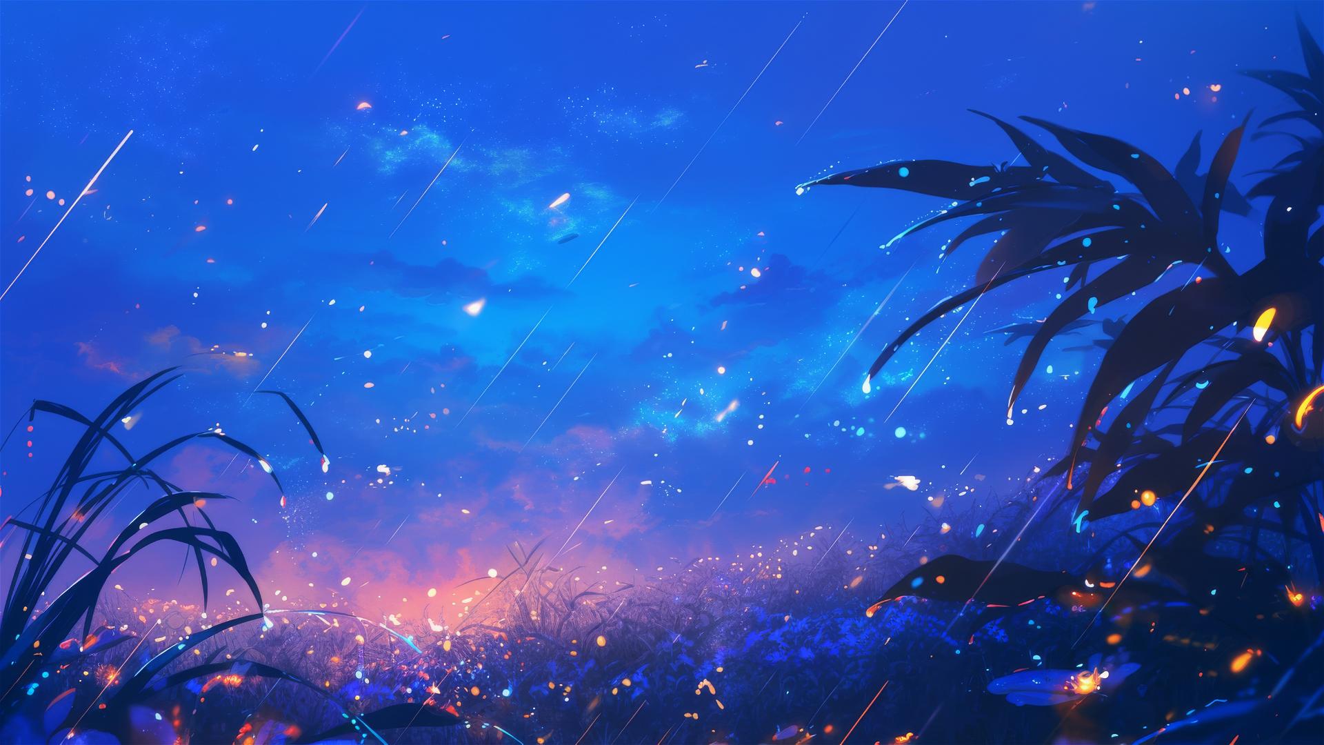 Swarm of fireflies lit by rain in nighttime scene