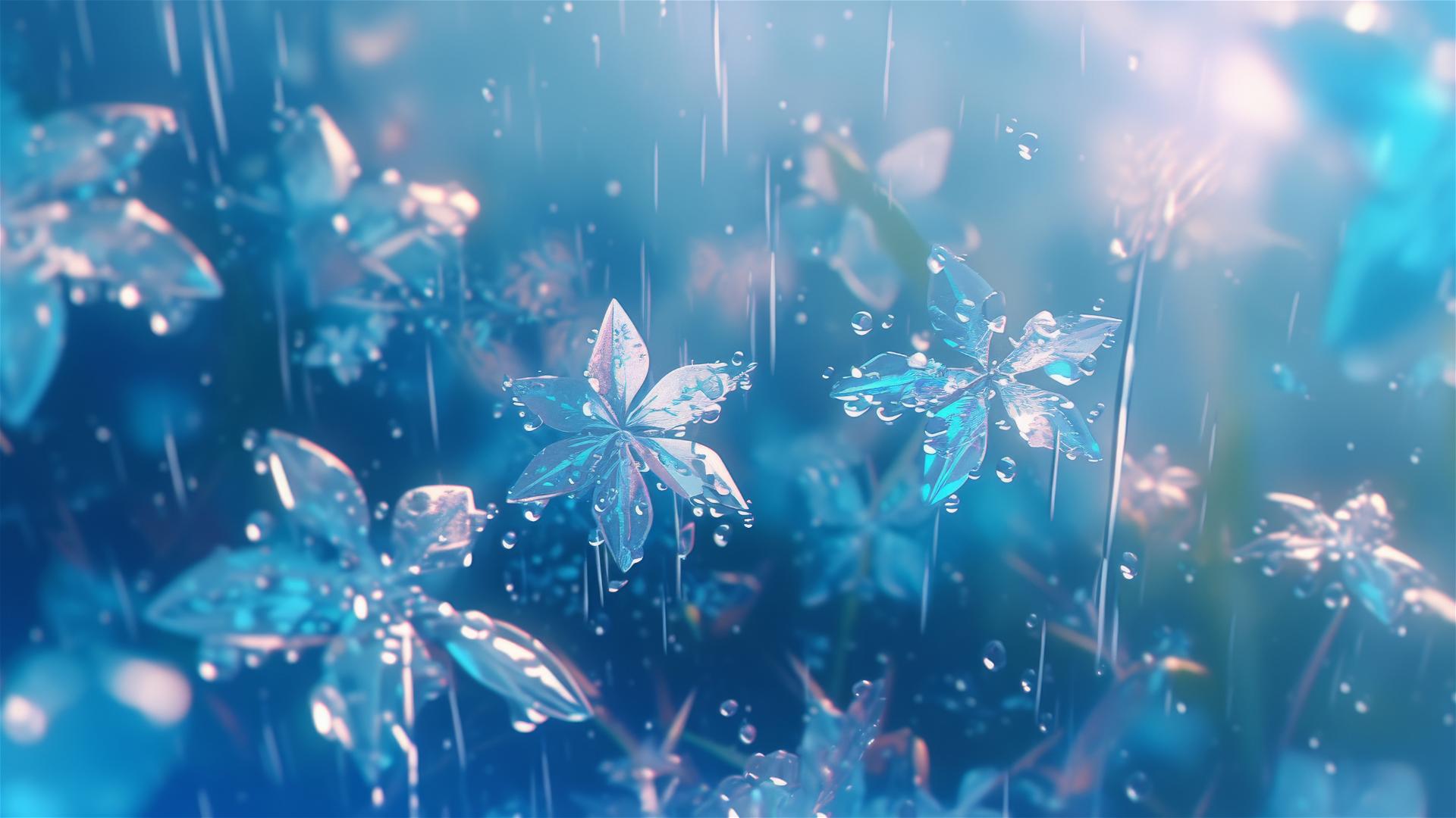 Holographic rain with snowflakes on a frosty morning