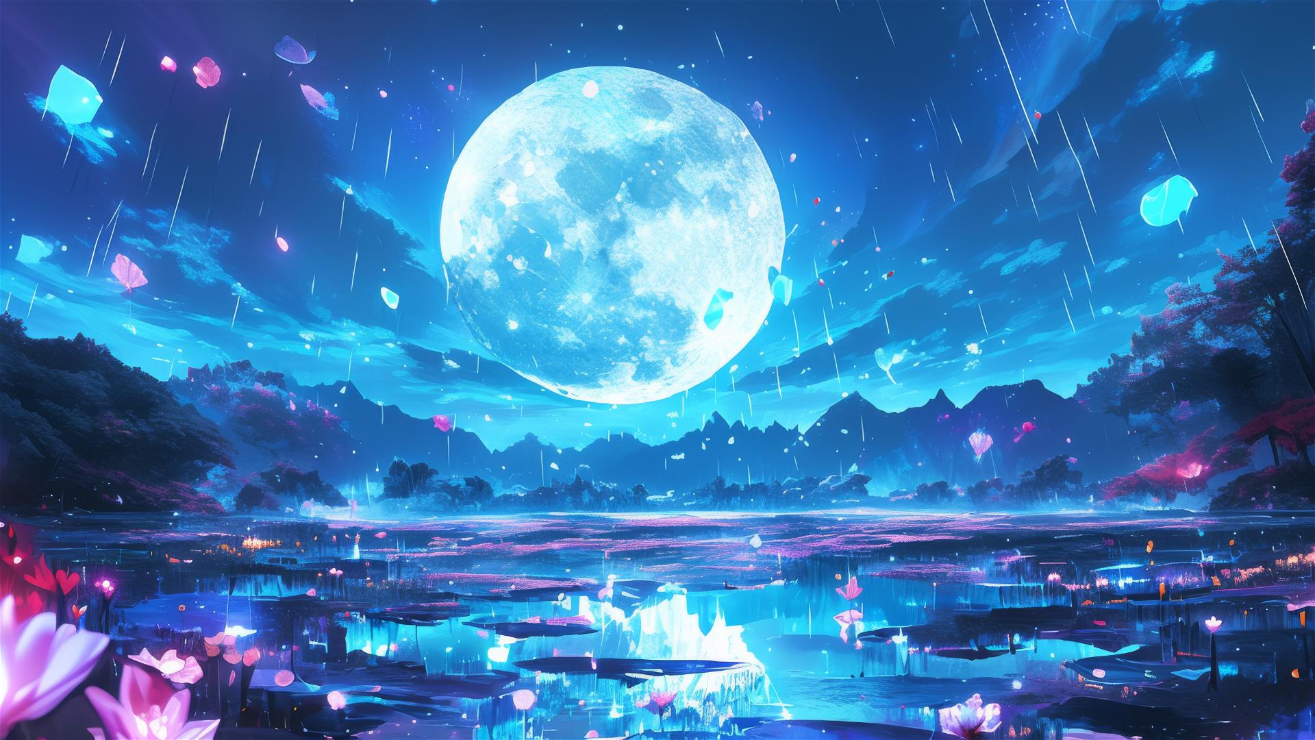 Holographic rain with full moon illuminating a silver landscape