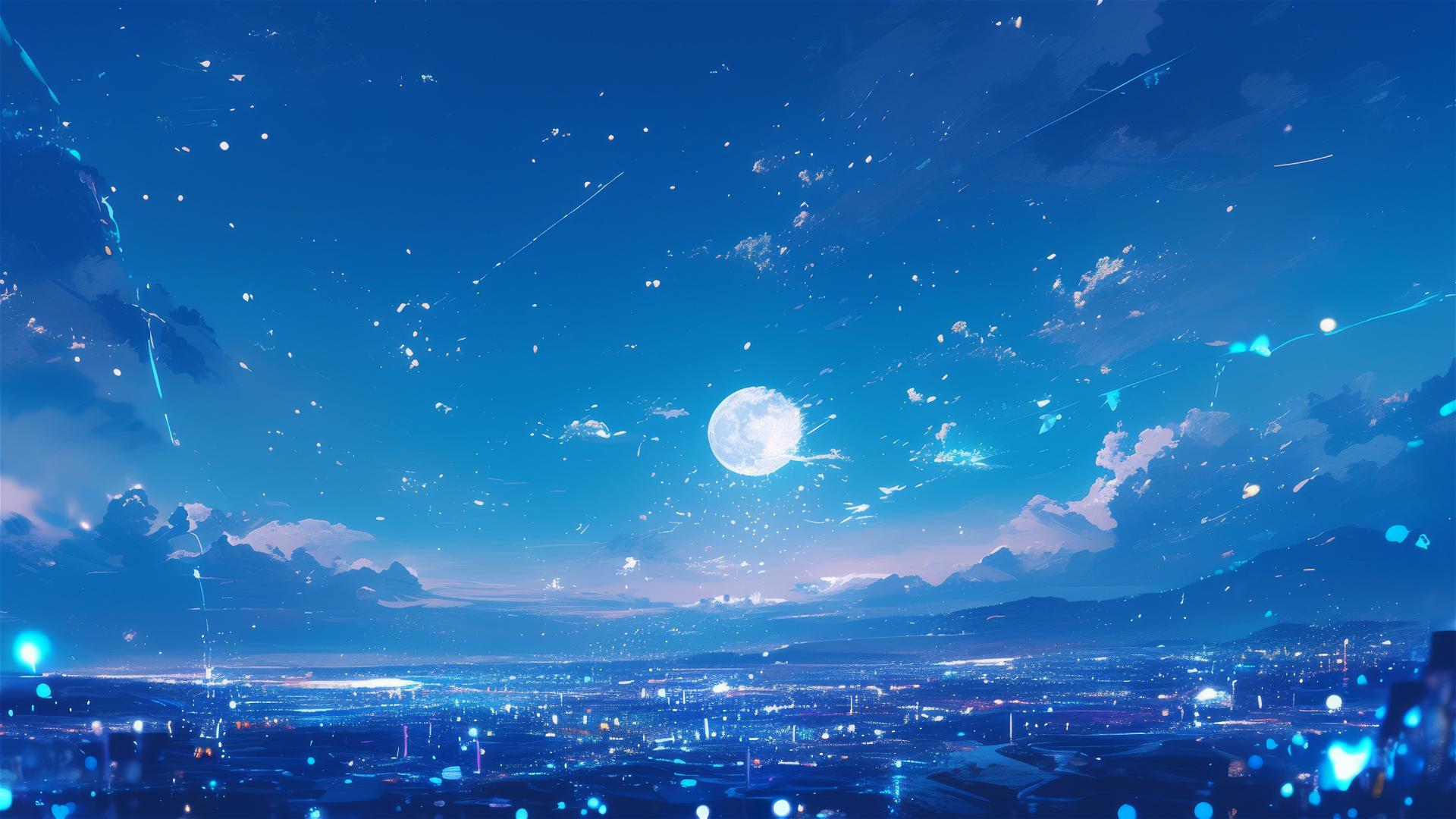 Holographic rain with lunar holograms on a full moon night over a silver landscape