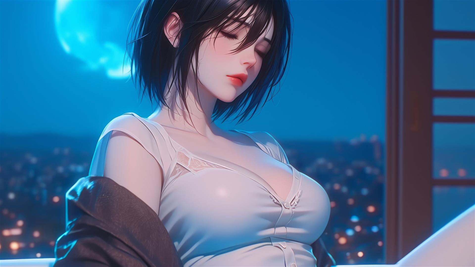 Mikasa Ackerman from Attack on Titan resting in a tub under moonlight