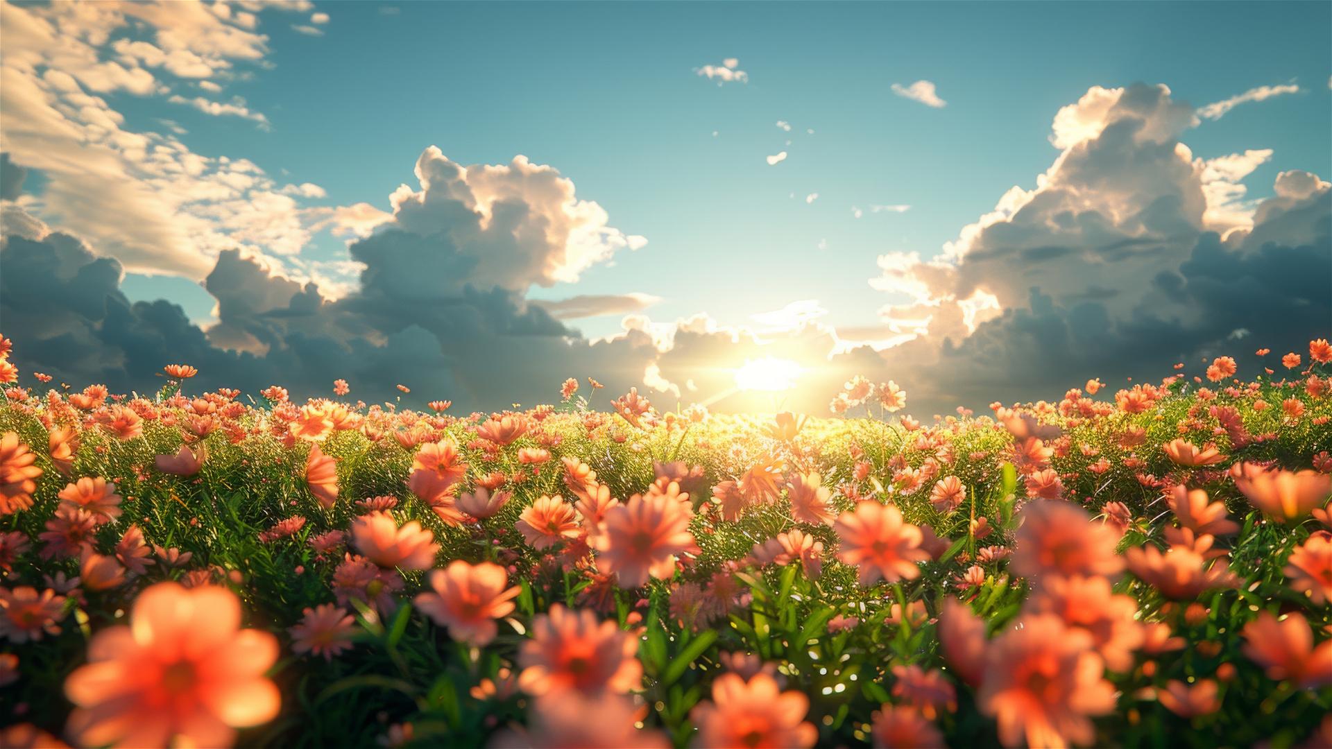 Sunny day with flowers, spring outing with white clouds, green grass, and dreamy atmosphere due to soft gradient color scheme