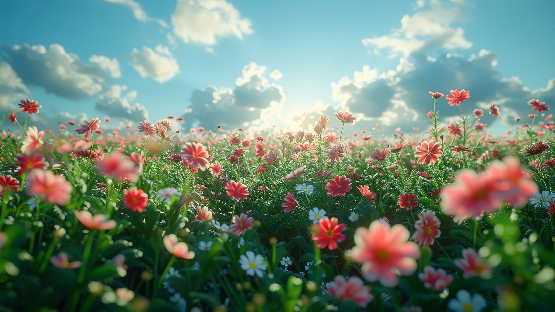 An image of a sunny spring outing featuring flowers, white clouds, green grass, with soft gradient colors creating a dreamy atmosphere.