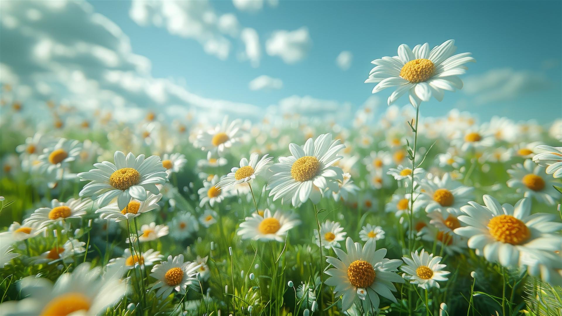 Vivid spring outing scene with flowers, white clouds, and green grass