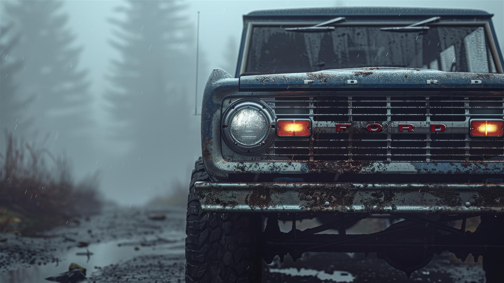Closeup view of a Ford Bronco in dim, foggy and gothic gloomy lighting