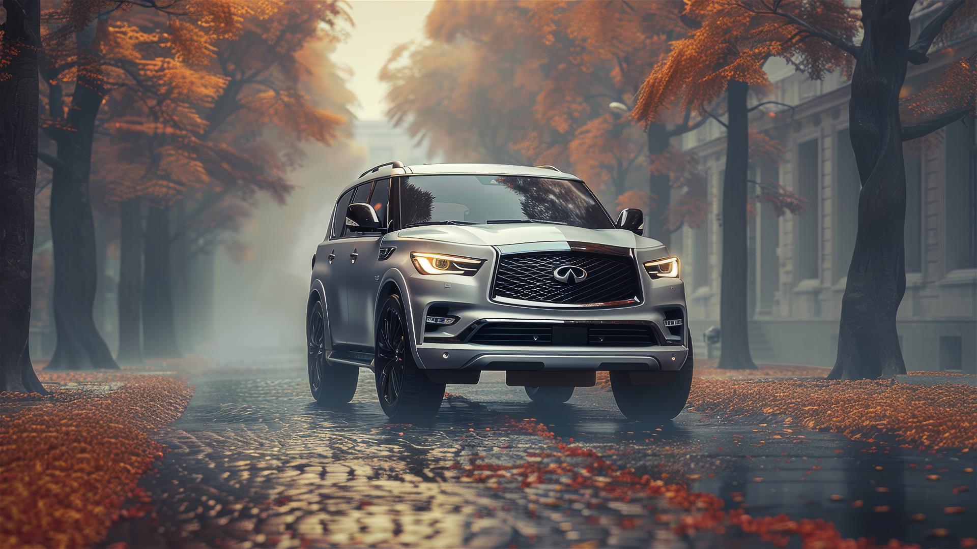 Infiniti QX80 in dim lighting with a closeup view presenting photorealistic effects