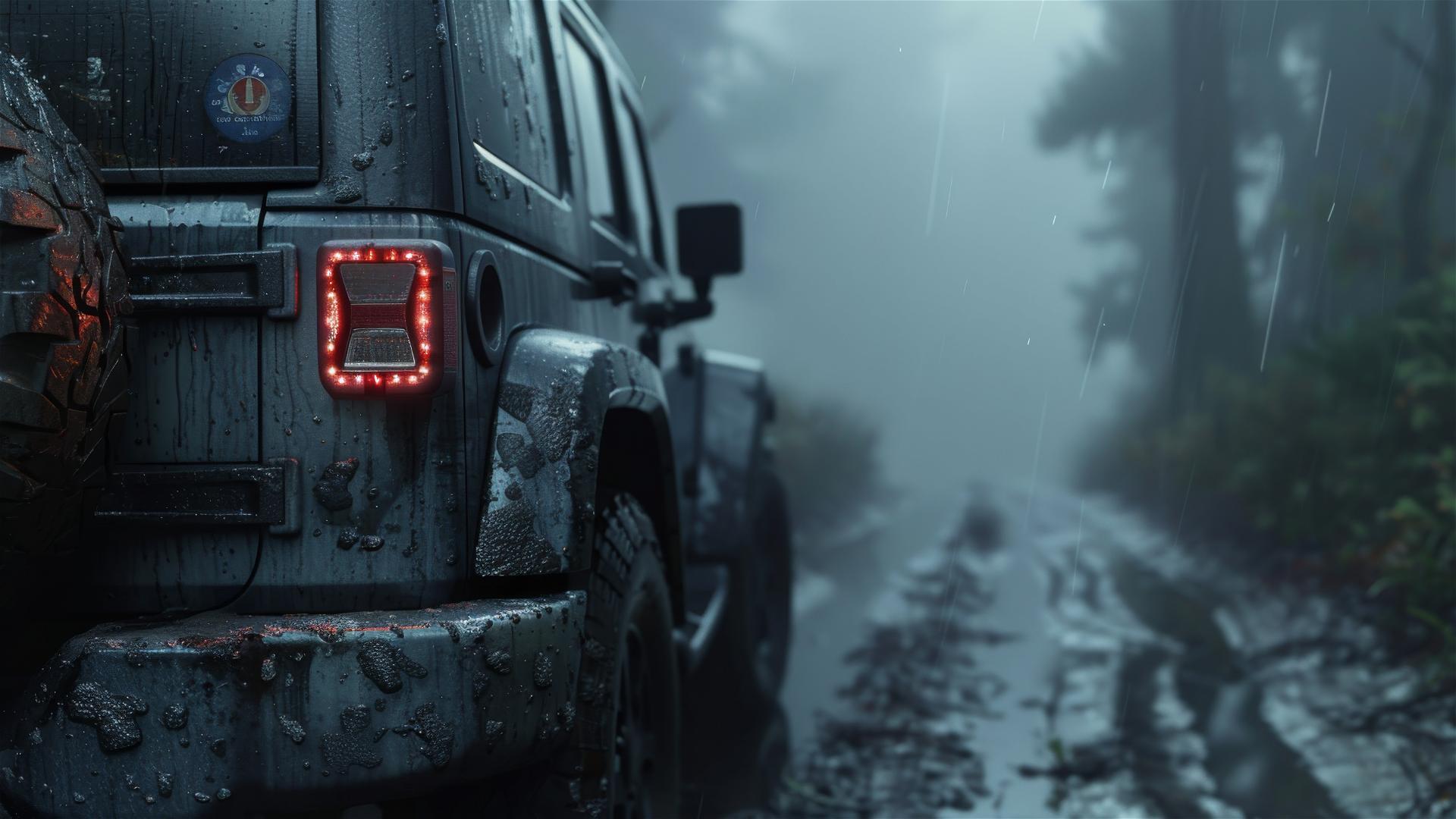 Gloomy Gothic-style Jeep Compass in dim light, close-up view, photorealistic 8k
