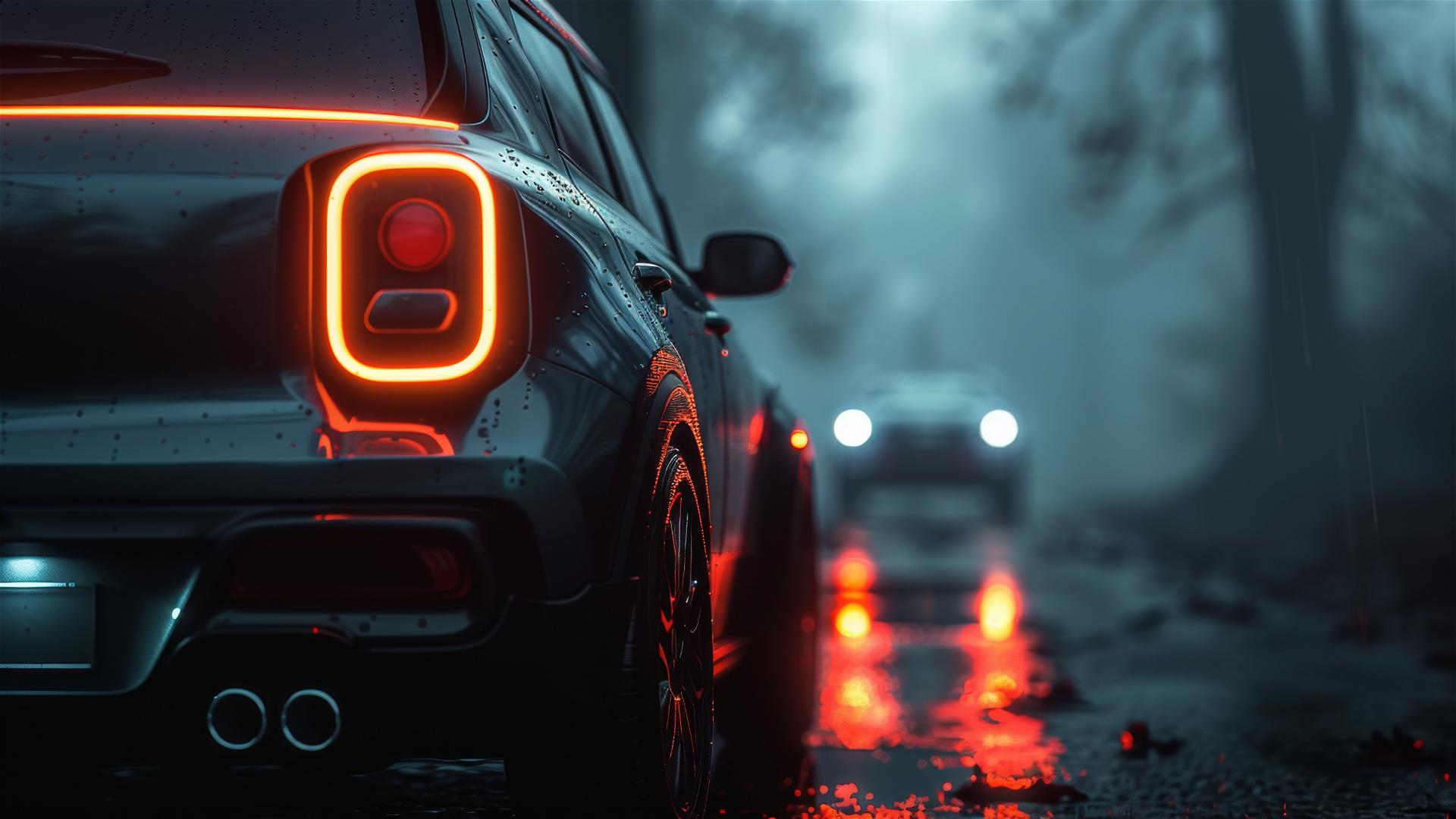 Closeup view of a Kia Soul in dim, gothic-gloomy lighting, surrounded by fog in a photorealistic style