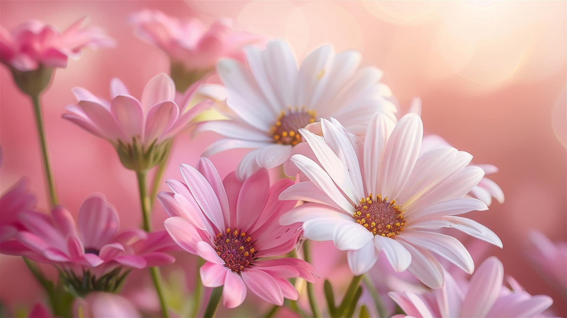 Spring flowers on a pastel pink background with sunlight