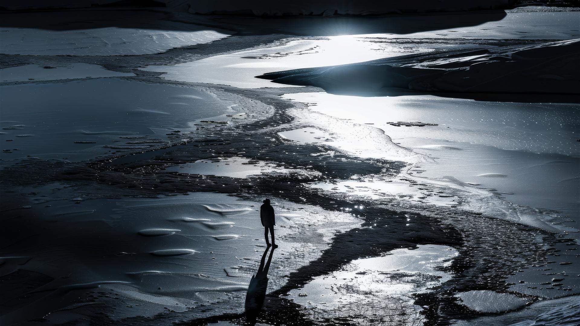 Dark figure in Antarctica viewed from above, conveying loneliness and stillness