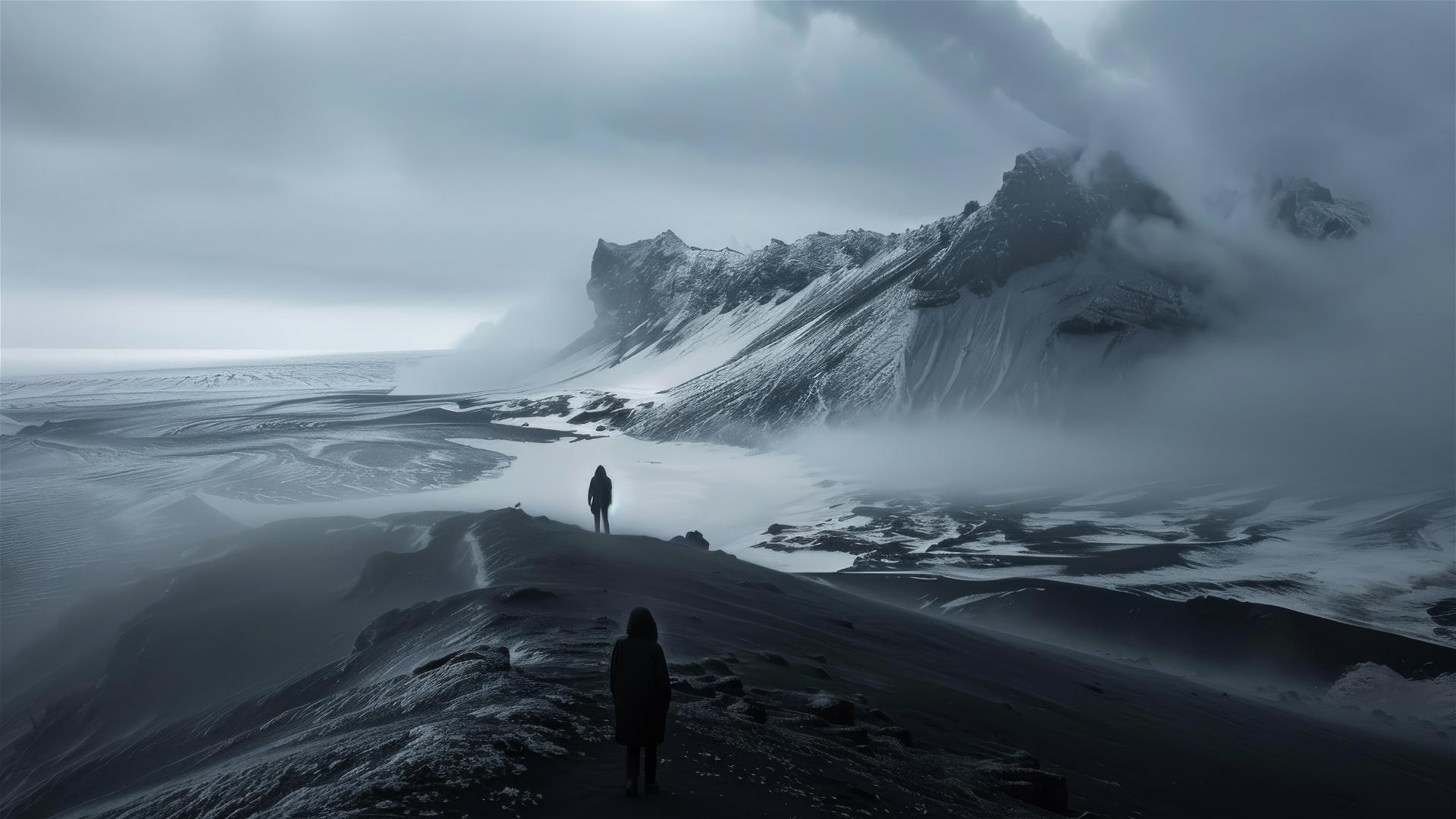 Dark figure in Antarctica seen from above, emanating dark vibes and solitude