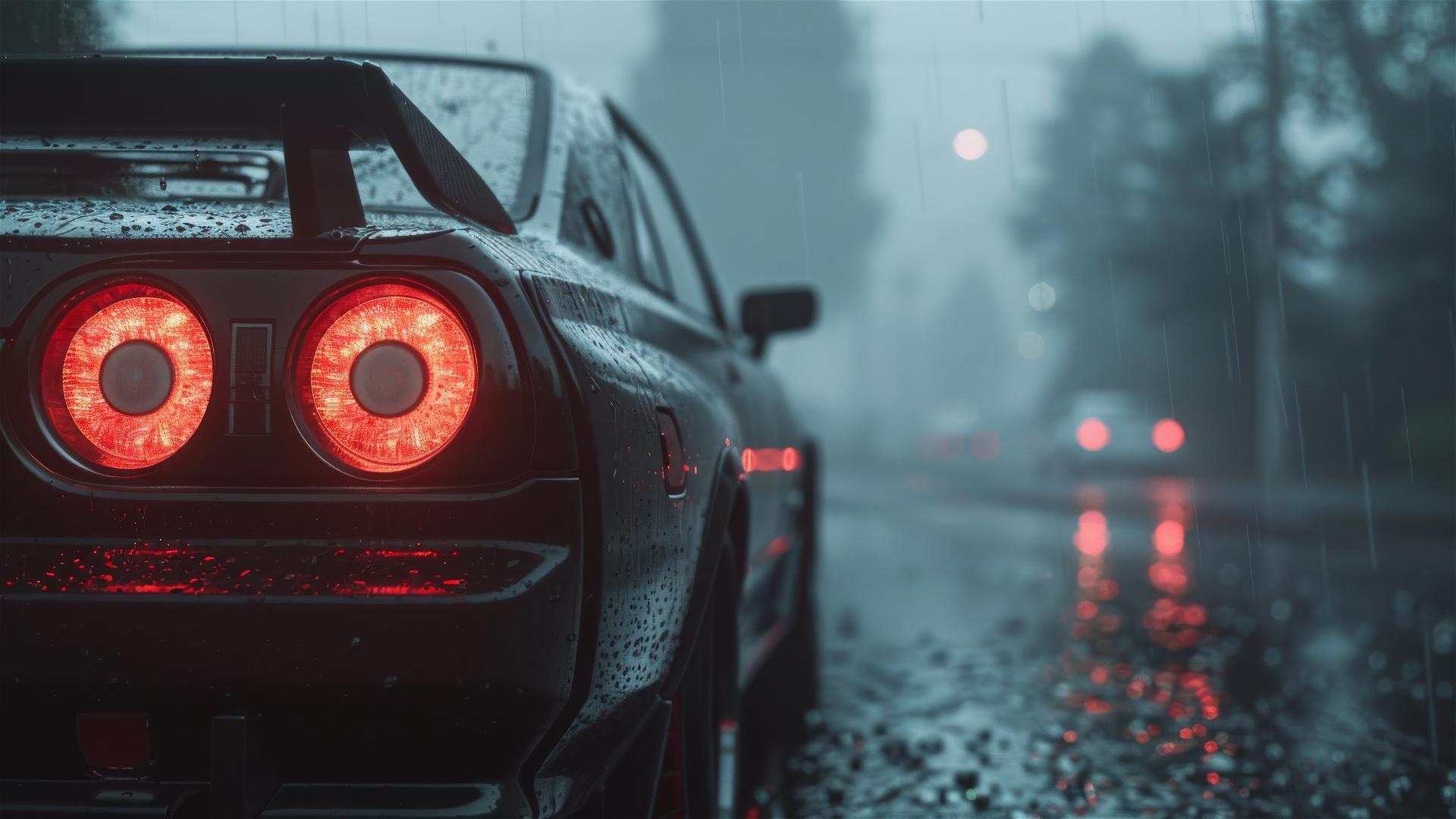 Nissan Skyline GTR under dim gothic-style lighting, foggy and photorealistic closeup view in 8K resolution