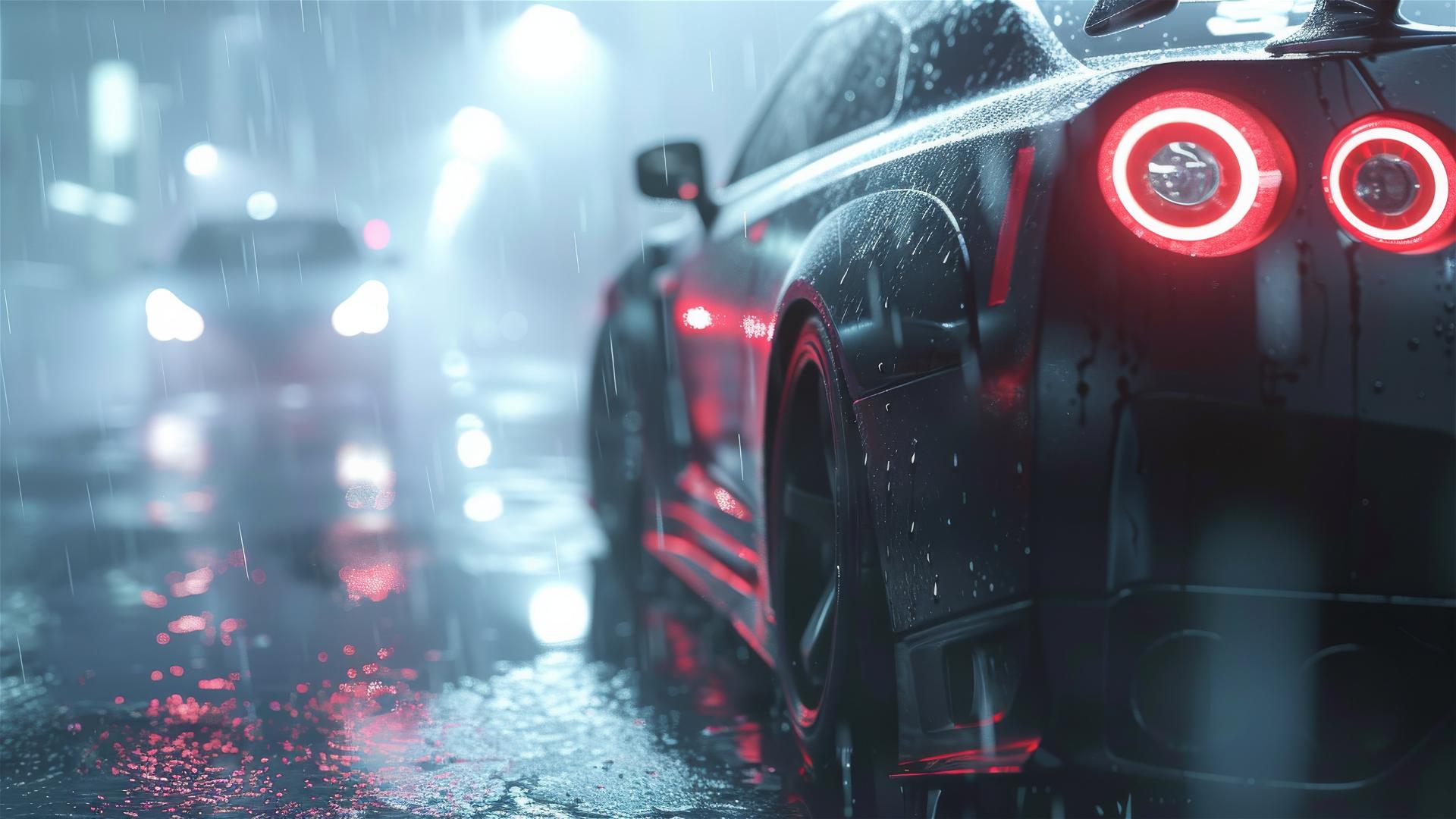 Nissan Skyline GTR in dim light with gothic gloom, photorealistic closeup in fog