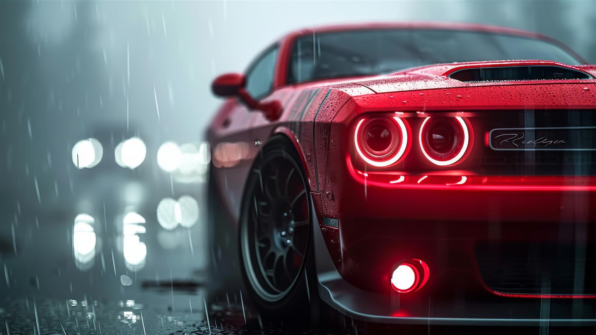 A closeup of a foggy, gothic, and gloomy Dodge Challenger under dim lighting, rendered in photorealistic 8K.