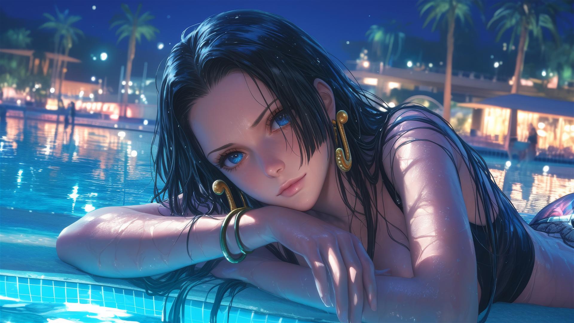 Boa Hancock from One Piece resting by the pool under moonlight