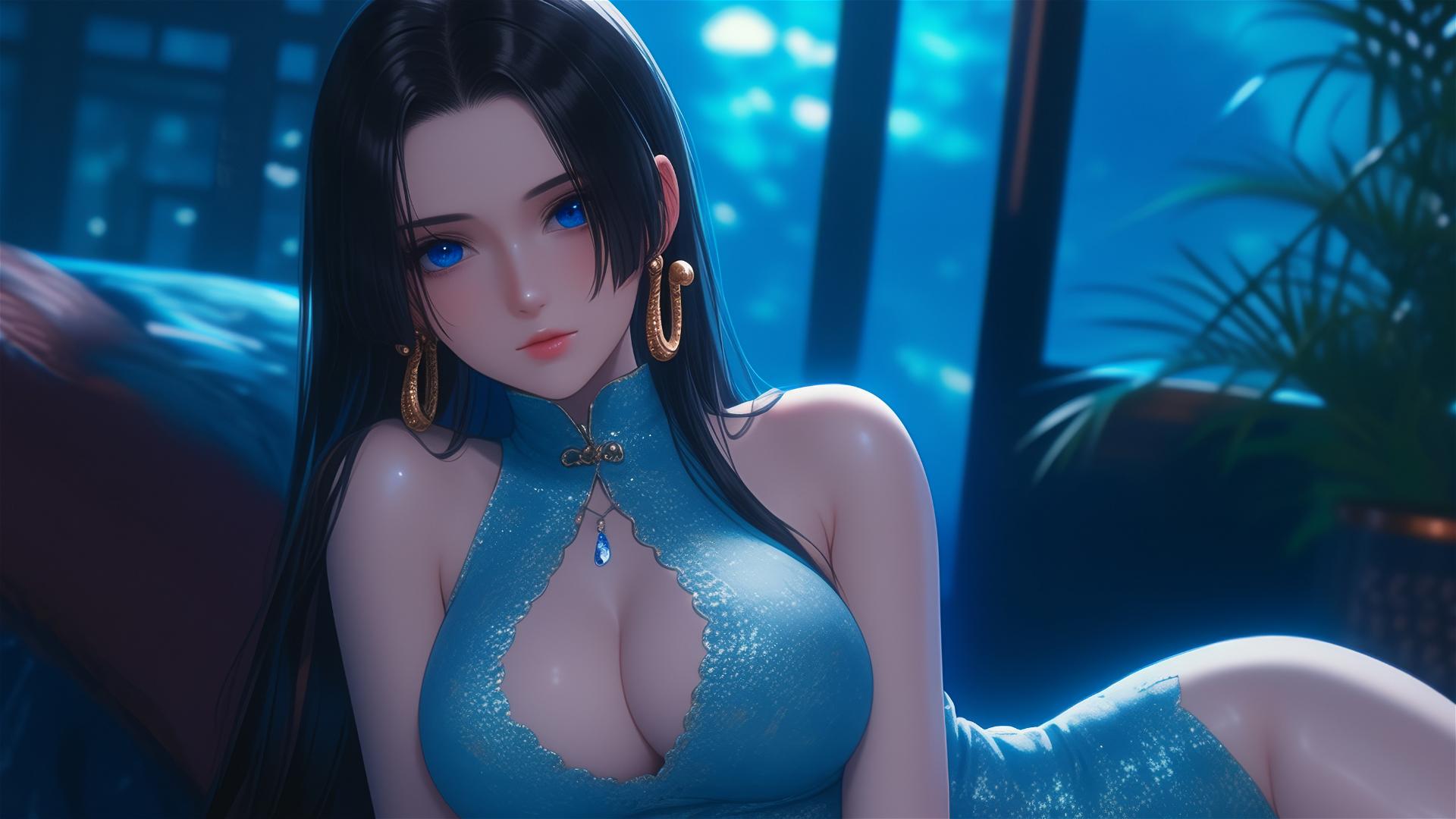 Boa Hancock from One Piece, sitting in apartment under moonlight, with short hair