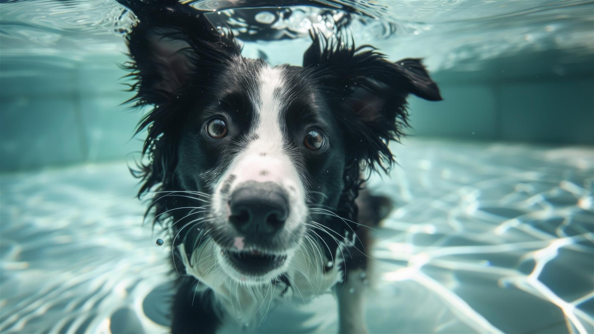 Underwater view of a smiling baby border collie swimming in a large pool with pastel colors and shadow ripples, by Hedi Xandt