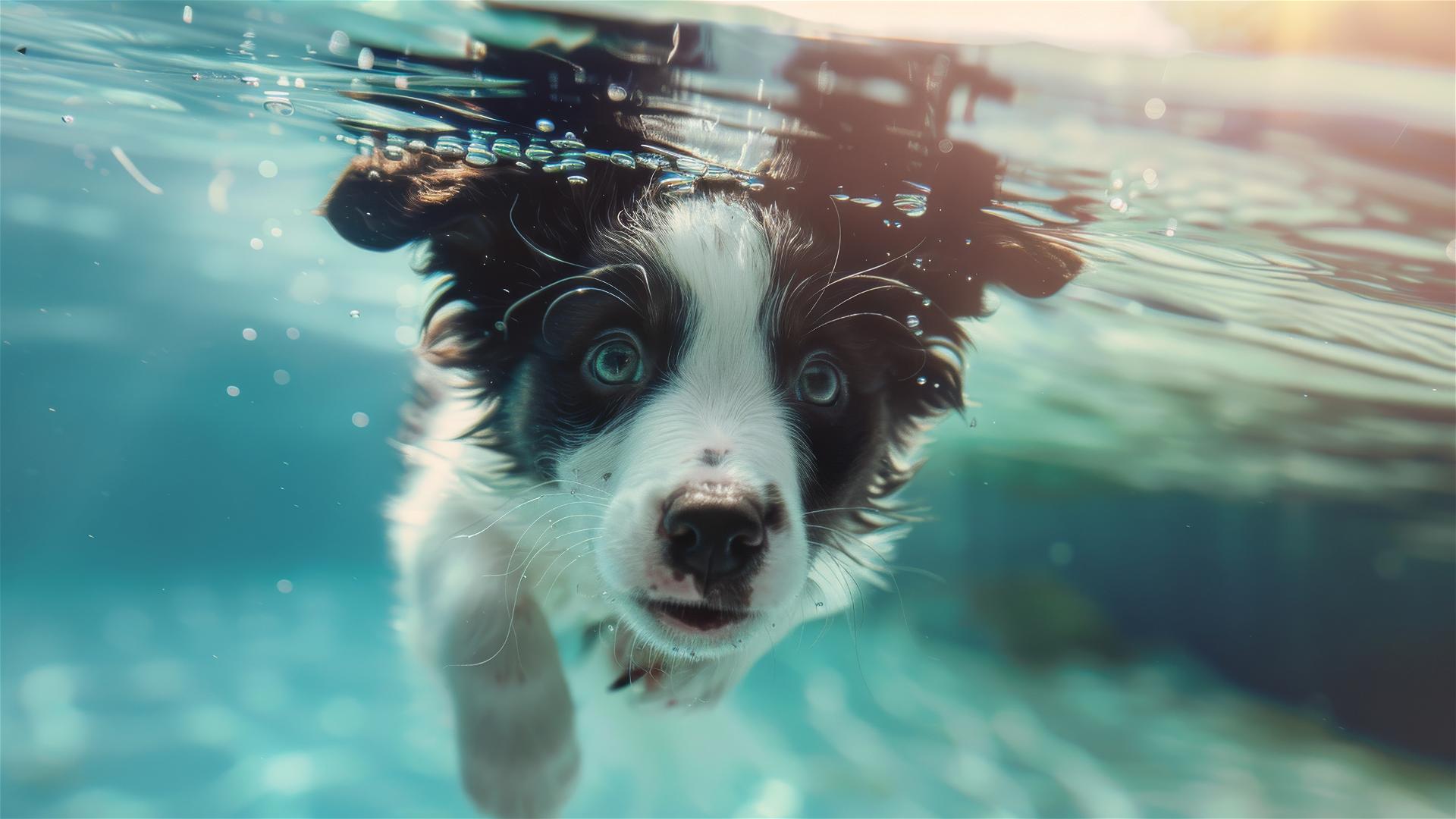 Baby border collie swimming in pool from underwater view with bright ripples shadow, soft pastel colors, and ethereal atmosphere.
