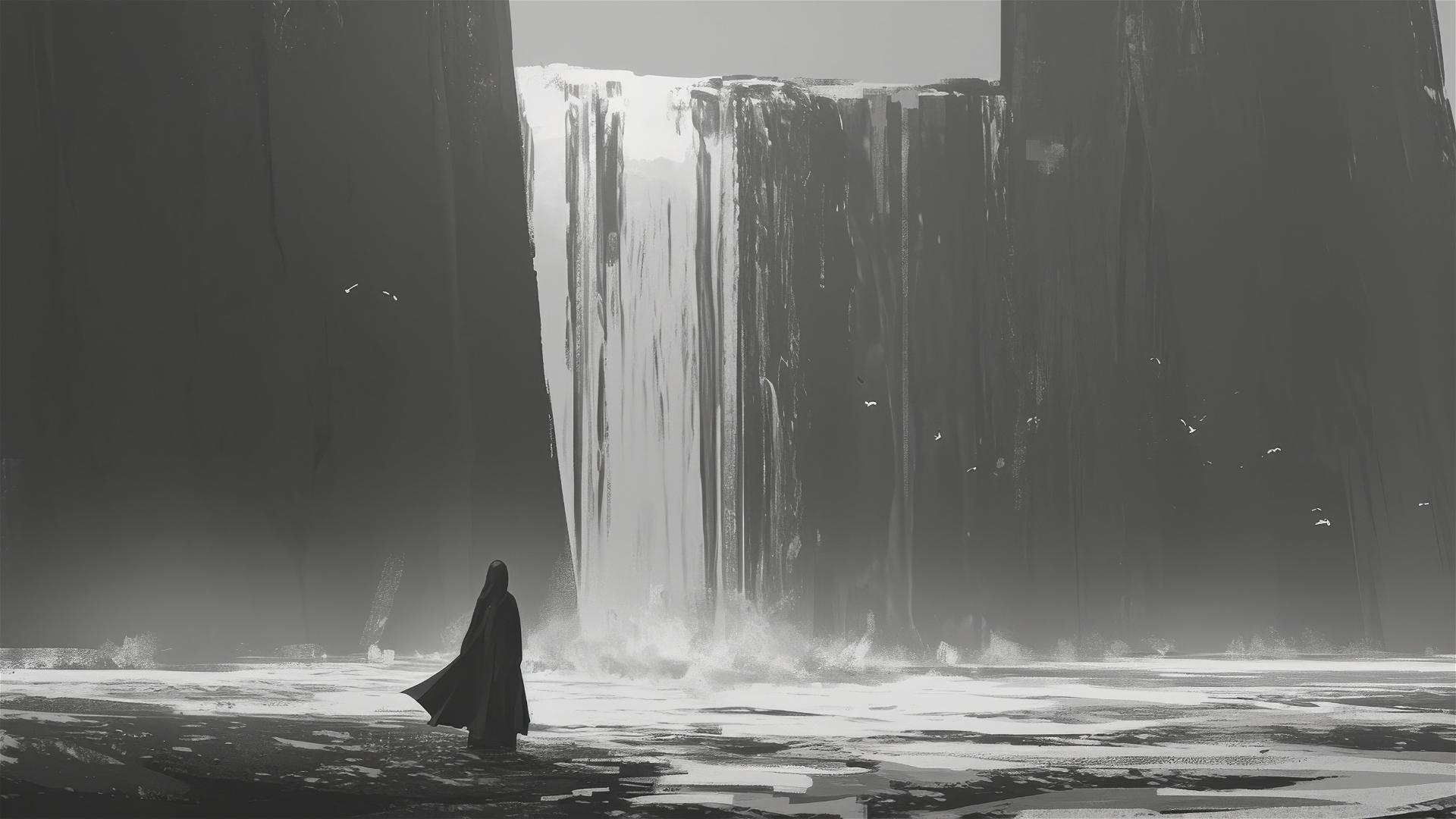 Minimalist aesthetic with a deep black waterfall falling into the abyss soundlessly