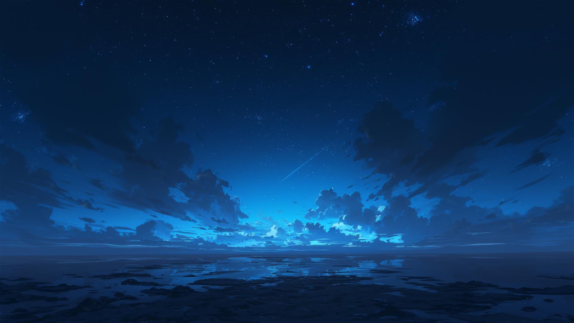 Vast black sand desert blending into the sky at night