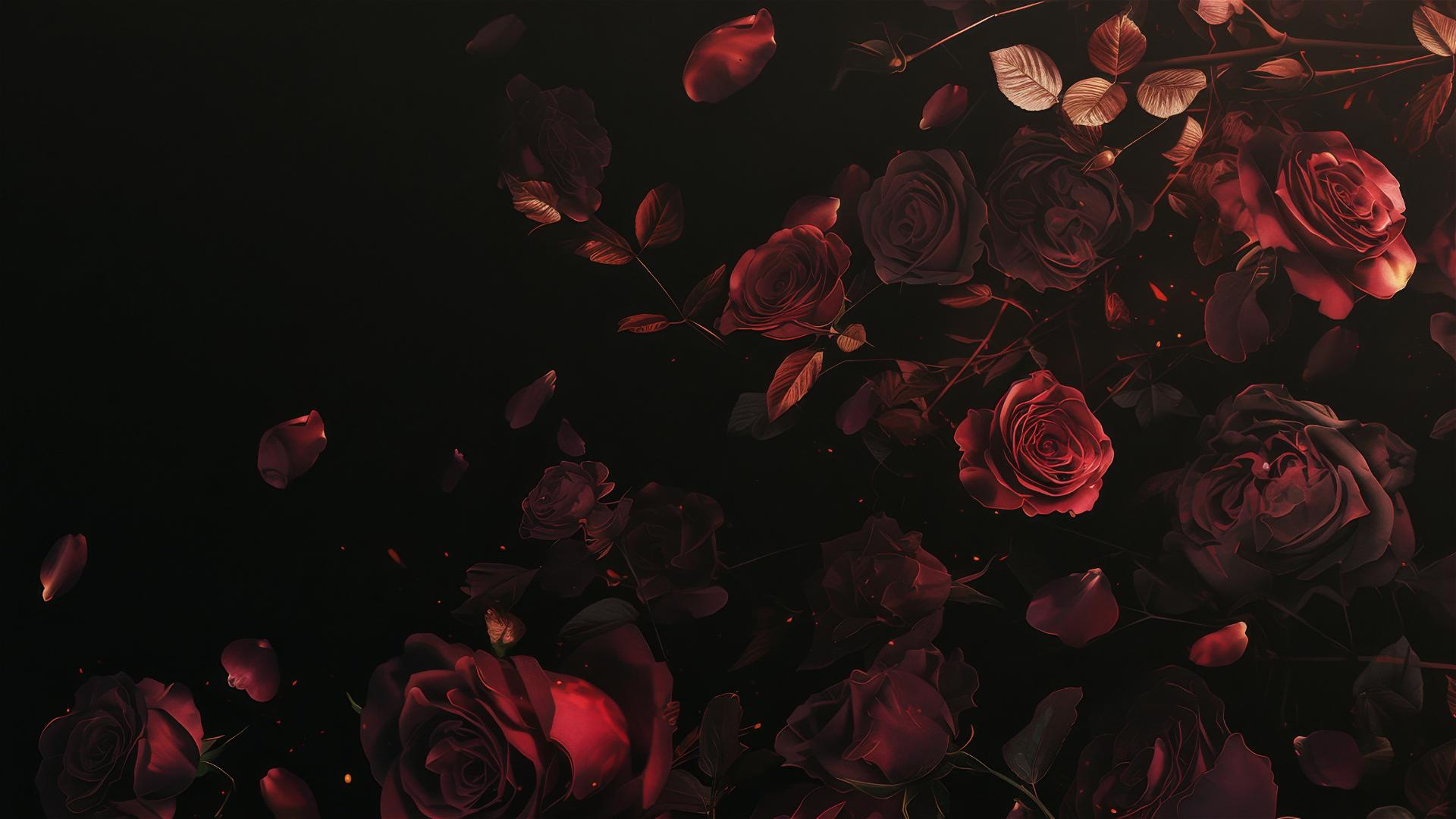 Black canvas featuring a blurred dark burgundy rose petal falling
