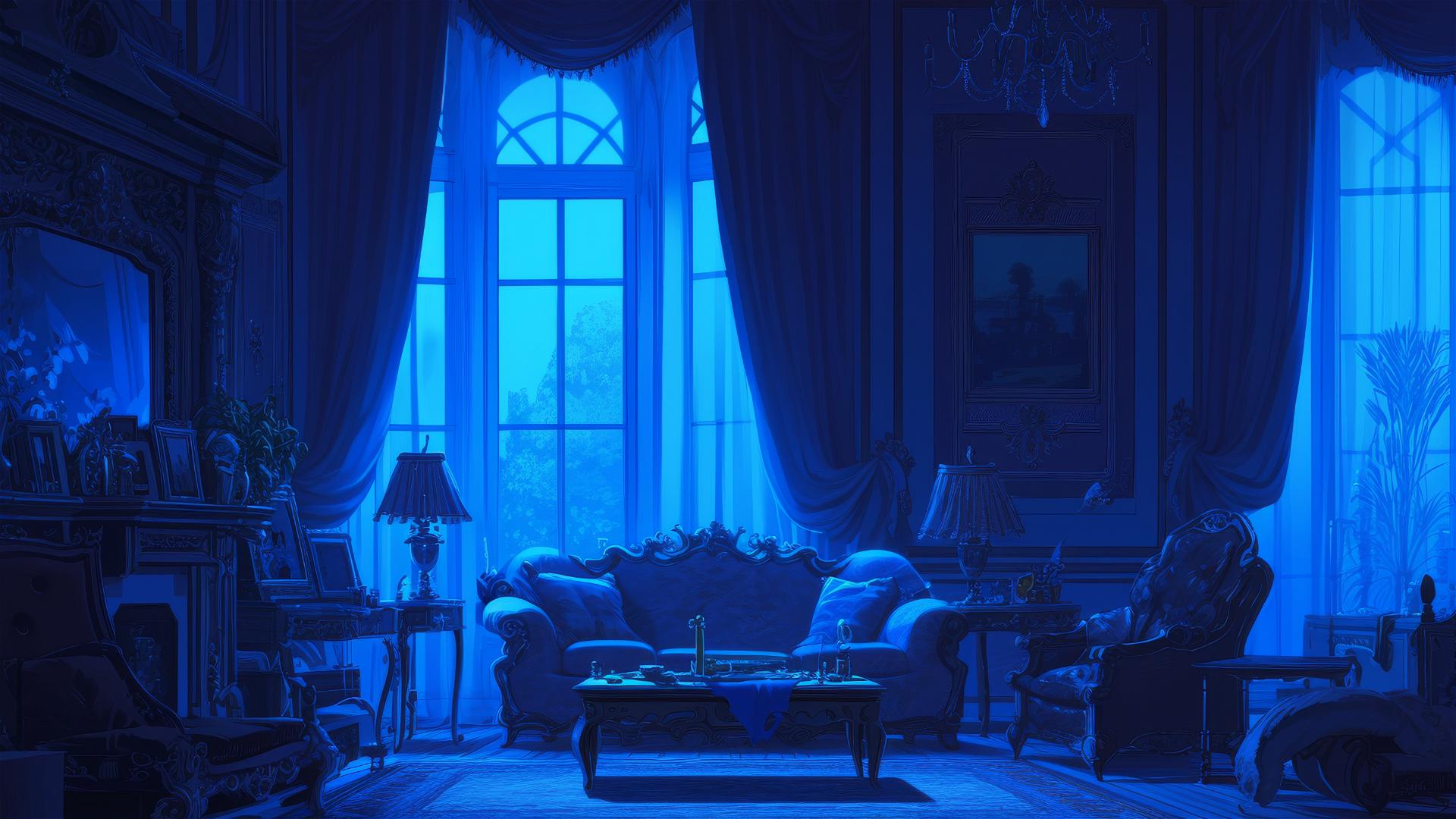 Dark Victorian parlor at dusk with heavy curtains and deep blue shadows